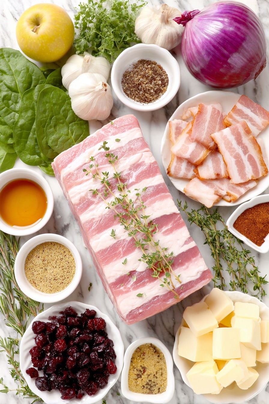 Flat lay of a whole center cut pork loin with pale pink fresh meat and a thin layer of fat, five slices of raw smoked bacon diced into small pieces, a single large shallot with purple and white layers, a bunch of fresh vibrant baby spinach leaves, six peeled garlic cloves, one small peeled and finely diced green apple, a small pile of dried deep red cranberries, a small white bowl of amber maple syrup, a small white bowl of grainy yellow Dijon mustard, sea salt crystals scattered next to a small white bowl of ground black pepper, a small white bowl of smoked paprika powder, fresh thyme sprigs with tiny green leaves, chopped fresh rosemary, two small white bowls with pale yellow butter cubes, two sprigs of fresh rosemary, two sprigs of fresh thyme, ten whole peeled garlic cloves, a small white bowl of golden chicken broth, four medium unpeeled sweet potatoes with orange skin, a small white bowl of clear avocado oil, and a small white bowl of herbs de Provence placed on a clean white marble surface, soft natural light, photo taken with an iPhone, professional food photography style, fresh ingredients, white ceramic bowls, no bottles, no duplicates, no utensils, no packaging --ar 2:3 --v 7 --p m7354615311229779997 - Apple Bacon Stuffed Pork Loin, stuffed pork loin with apples and bacon, easy pork loin recipe, savory stuffed pork roast, hearty dinner ideas