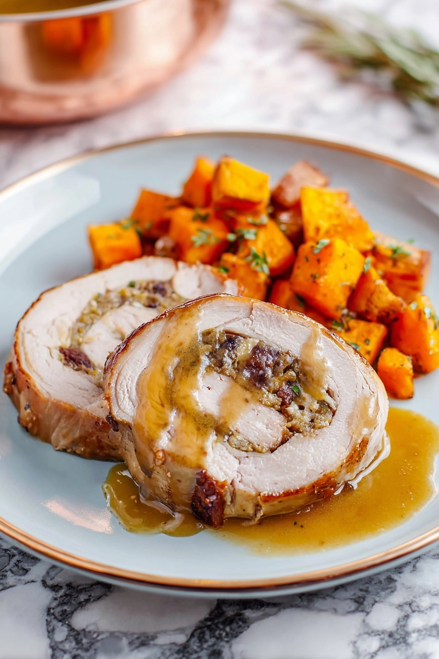 Two slices of rolled meat with a stuffing made of dark and light bits, placed on the left side of a white plate. The meat has a light brown outer layer and is covered with a glossy golden sauce that drips slightly onto the plate. On the right side of the plate are bright orange roasted cubes, sprinkled with small green herb leaves. The plate rests on a surface with a white marbled texture, and in the background, out of focus, is a shiny copper pot. photo taken with an iphone --ar 2:3 --v 7 - Apple Bacon Stuffed Pork Loin, stuffed pork loin with apples and bacon, easy pork loin recipe, savory stuffed pork roast, hearty dinner ideas