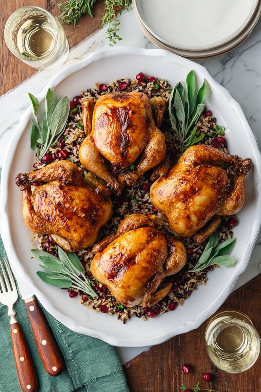 The image shows a white platter with four golden-brown roasted chickens arranged in the center, each with crispy, slightly shiny skin. Underneath the chickens, there is a colorful bed of wild rice mixed with red cranberries and small green herbs. Fresh green sage leaves are scattered around and partly under the chickens, adding contrast to the warm tones. The platter sits on a wooden table next to a fork and spoon with wooden handles, a folded green cloth napkin, a white plate, and a glass of white wine. The whole scene is set against a white marbled surface. photo taken with an iphone --ar 2:3 --v 7 - Stuffed Cornish Hens with Apple-Cranberry Glaze, Cornish Hen recipes, holiday poultry dishes, elegant chicken recipes, festive main course ideas