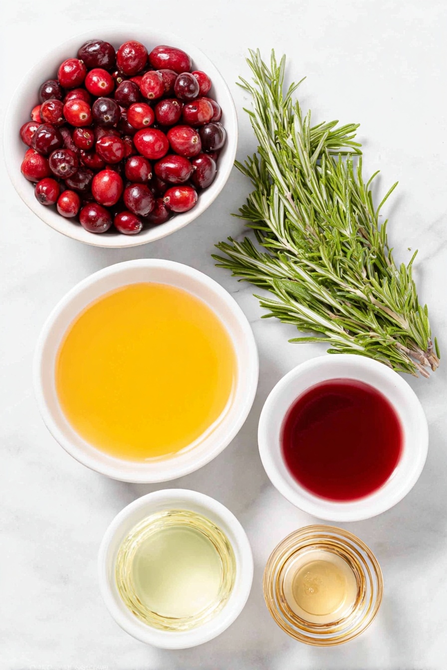 Flat lay of fresh whole cranberries scattered beside a few sprigs of vibrant green rosemary, a small white ceramic bowl filled with bright orange juice, a small white ceramic bowl of deep red cranberry juice, a small white ceramic bowl containing clear sparkling 7UP, a small white ceramic bowl with pale amber tequila, and a small white ceramic bowl holding rich red maraschino cherry juice, accompanied by a small white ceramic bowl of fresh yellow lemon juice, all arranged symmetrically with realistic proportions, placed on a clean white marble surface, soft natural light, photo taken with an iPhone, professional food photography style, fresh ingredients, white ceramic bowls, no bottles, no duplicates, no utensils, no packaging --ar 2:3 --v 7 --p m7354615311229779997 - Cranberry Mistletoe Margarita, festive holiday cocktail, cranberry orange tequila drink, Christmas cocktail recipes, easy holiday margarita