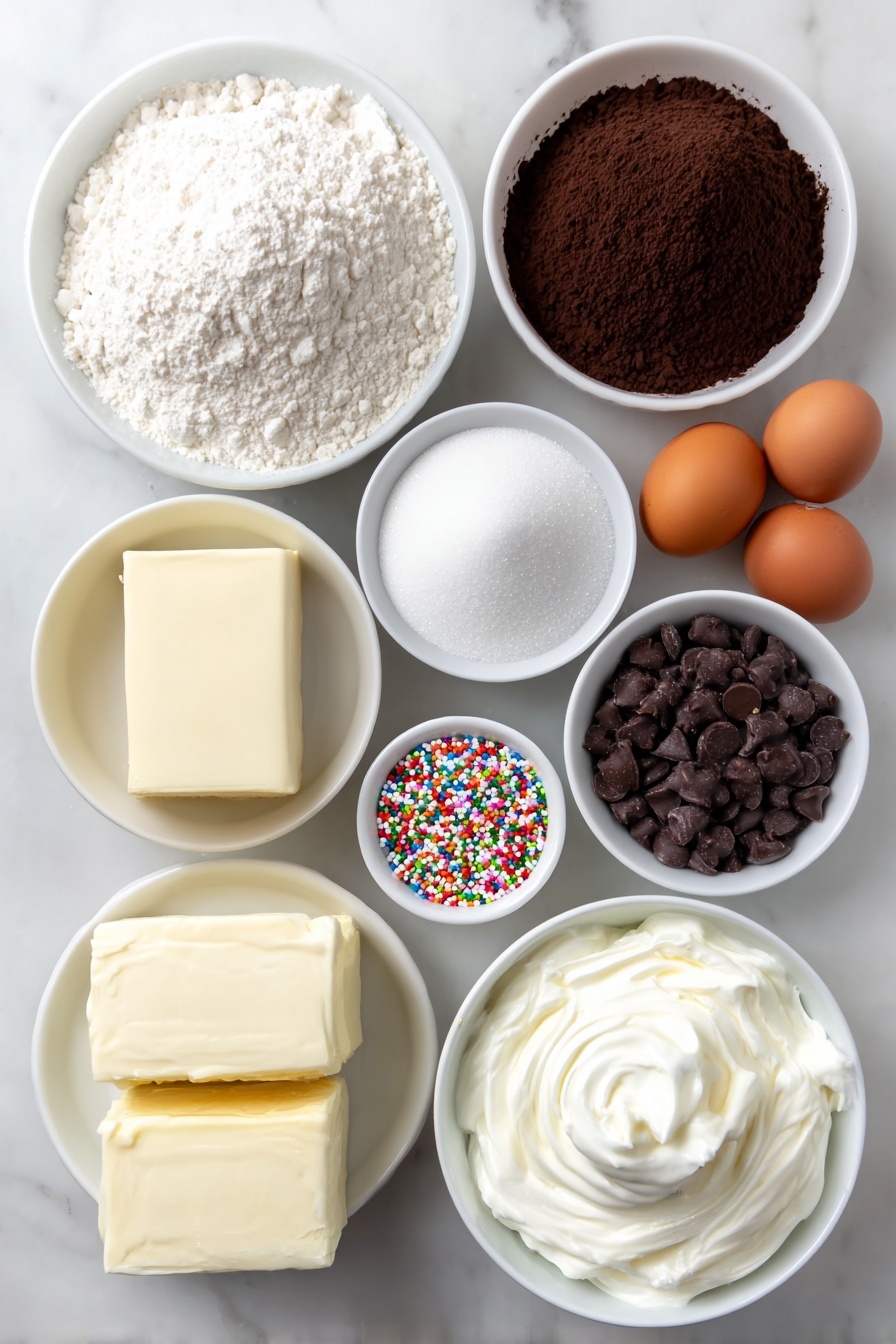 Flat lay of a small mound of all-purpose flour, a small white ceramic bowl filled with dark Dutch process cocoa powder, a small white ceramic bowl containing white baking powder sprinkled lightly, two whole brown eggs with clean shells, a small white ceramic bowl of light brown sugar, a small white ceramic bowl of granulated white sugar, a block of unsalted butter with a smooth surface, a small white ceramic bowl holding semi-sweet chocolate chips, a small white ceramic bowl filled with heavy whipping cream, and a small white ceramic bowl with colorful round nonpareil sprinkles, all arranged symmetrically and balanced on a clean white marble surface, soft natural light, photo taken with an iPhone, professional food photography style, fresh ingredients, white ceramic bowls, no bottles, no duplicates, no utensils, no packaging --ar 2:3 --v 7 --p m7354615311229779997 - Chocolate Thumbprint Cookies with Ganache, decadent chocolate cookies, easy chocolate cookie recipe, homemade chocolate thumbprint cookies, rich ganache-filled cookies