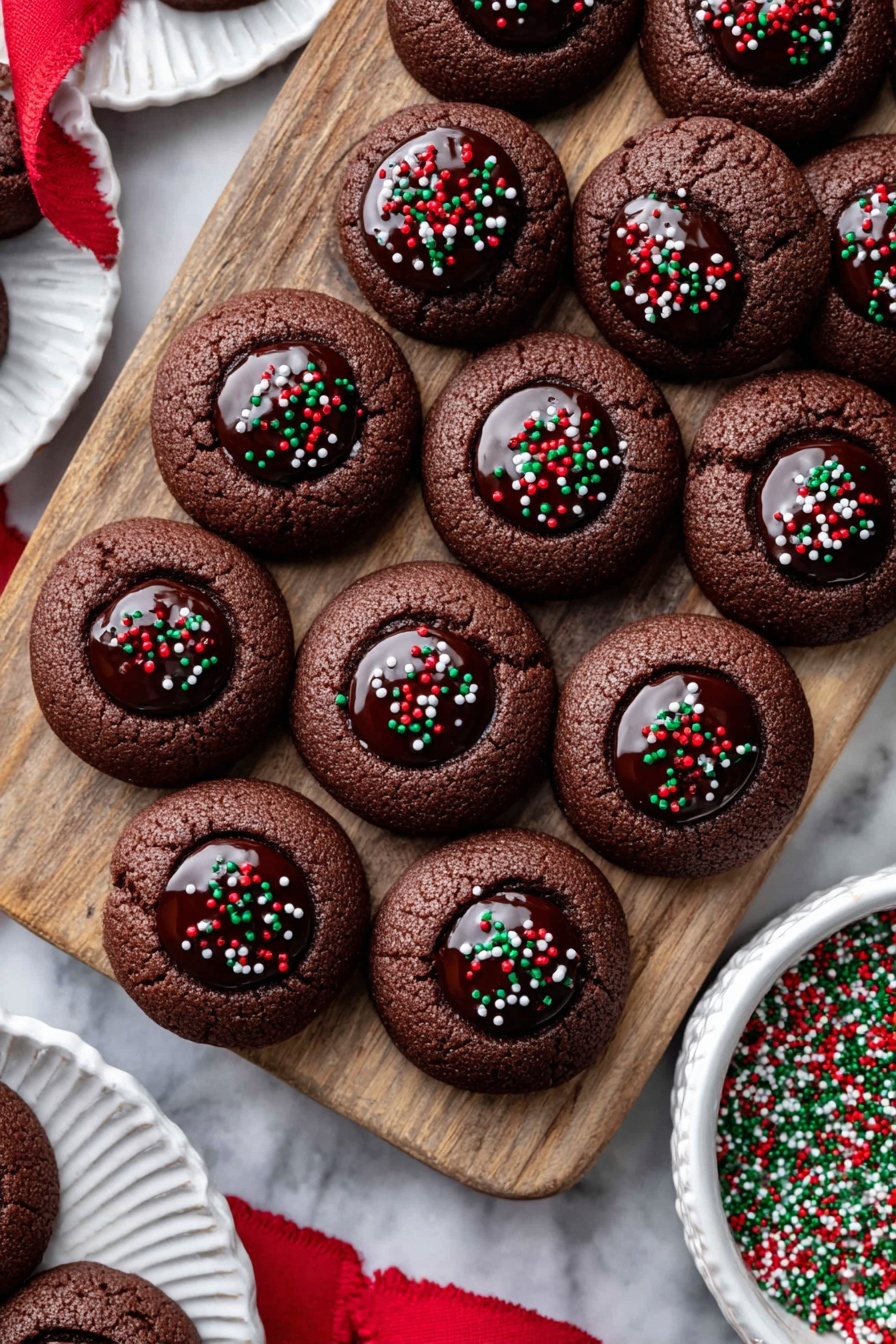 The image shows about sixteen dark brown round cookies with slight dome shapes on a white wooden board. Each cookie has a deep center filled with shiny dark chocolate that reflects light, topped with small red, green, and white round sprinkles scattered evenly on top. To the right of the board, there is a white bowl filled with the same red, green, and white sprinkles. Part of another white plate with a few cookies and a red ribbon are visible on the left side. The surface under the board is a white marbled texture. Photo taken with an iphone --ar 2:3 --v 7 - Chocolate Thumbprint Cookies with Ganache, decadent chocolate cookies, easy chocolate cookie recipe, homemade chocolate thumbprint cookies, rich ganache-filled cookies