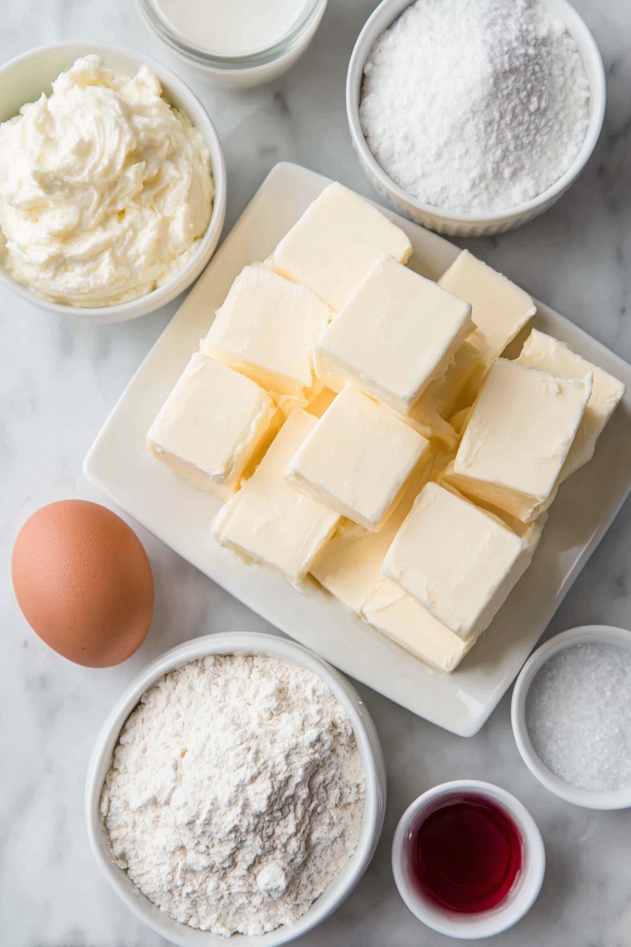 Flat lay of a few large cubes of unsalted butter, a small mound of cream cheese, a small white ceramic bowl filled with granulated sugar, a single large whole egg with a clean shell, a small white ceramic bowl with clear peppermint extract, a small heap of fine all-purpose flour, a small white ceramic bowl containing bright red gel food coloring, and a tiny pinch of salt poured neatly on the surface, all arranged with perfect symmetry on a clean white ceramic plate and small bowls, placed on a clean white marble surface, soft natural light, photo taken with an iPhone, professional food photography style, fresh ingredients, white ceramic bowls, no bottles, no duplicates, no utensils, no packaging --ar 2:3 --v 7 --p m7354615311229779997 - Candy Cane Cookies, festive holiday cookies, peppermint sugar cookies, easy Christmas cookies, holiday baking treats