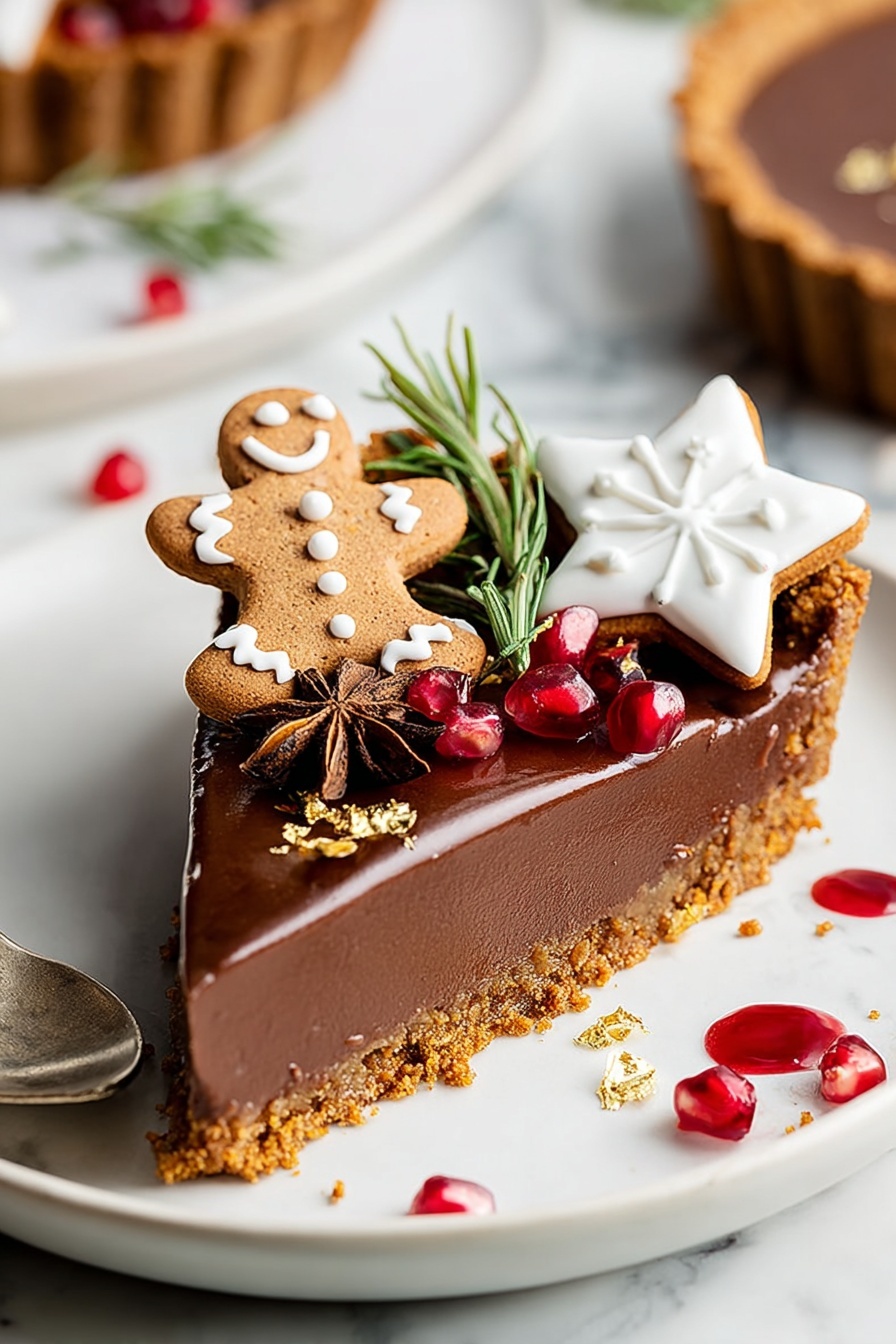 A slice of rich, smooth dark chocolate tart with a crumbly golden crust at the bottom, topped with a gingerbread cookie shaped like a man with white icing details and a white star-shaped cookie also decorated with white icing. There are small red pomegranate seeds, a brown star anise, green rosemary sprigs, and tiny gold flakes scattered on top. The tart is placed on a white plate set on a white marbled surface. Some red juice spots are near the tart, and a piece of the tart is on a silver spoon close by. Photo taken with an iphone --ar 2:3 --v 7 - Vegan Gingerbread Chocolate Tart, vegan holiday dessert, plant-based gingerbread tart, vegan Christmas dessert, chocolate gingerbread tart