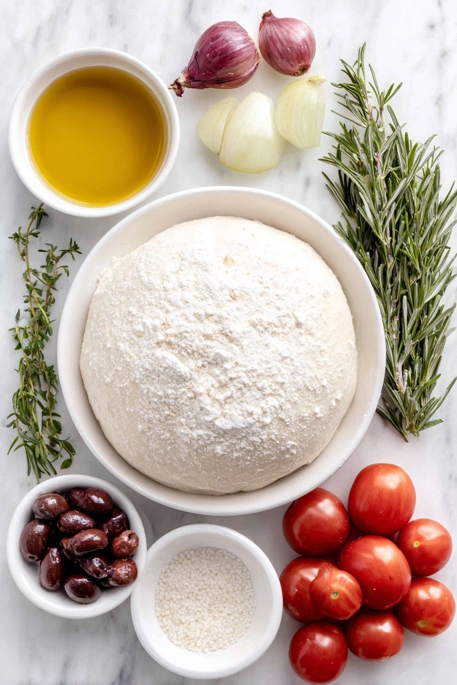 Flat lay of a small mound of bread flour on a simple white ceramic plate, a few pearl onions halved showing their white and purple layers, a handful of whole cherry tomatoes with deep red skins, a few thin crescent slices of fresh green pear, several fresh rosemary sprigs with needle-like leaves, a small white bowl filled with golden olive oil, a small white bowl with coarse salt crystals, a small white bowl with warm water reflecting soft light, a tiny heap of active dry yeast granules on a white ceramic dish placed on a clean white marble surface, soft natural light, photo taken with an iPhone, professional food photography style, fresh ingredients, white ceramic bowls, no bottles, no duplicates, no utensils, no packaging --ar 2:3 --v 7 --p m7354615311229779997 - Festive Christmas Tree Focaccia, Christmas focaccia bread, holiday bread recipes, Christmas bread ideas, festive baking recipes