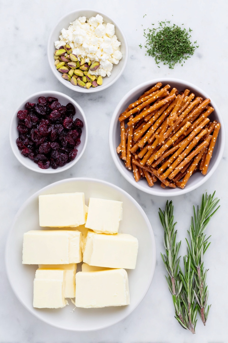 Flat lay of sixteen fresh, creamy wedges of Laughing Cow cheese with smooth surface, a small mound of finely chopped salted and roasted shelled pistachios with vibrant green and beige tones, a small heap of finely chopped fresh rosemary sprigs bright green in color, a small pile of finely chopped dried cranberries rich deep red, and eight golden brown pretzel sticks broken into two pieces each arranged neatly in a simple white ceramic bowl, all ingredients naturally fresh and unwrapped, placed on a clean white marble surface, soft natural light, photo taken with an iPhone, professional food photography style, fresh ingredients, white ceramic bowls, no bottles, no duplicates, no utensils, no packaging --ar 2:3 --v 7 --p m7354615311229779997 - Cheese Christmas Trees with Pistachios, festive appetizer ideas, holiday cheese platter, Christmas party appetizers, easy holiday snacks