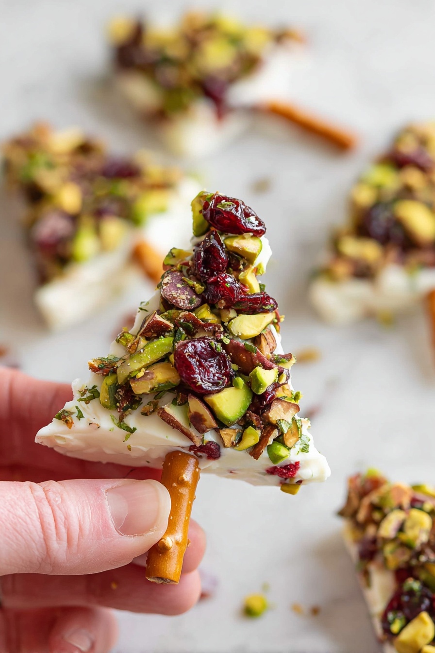 The image shows a close-up of a small, triangular-shaped white cheese piece on a white marbled surface. The cheese is covered on one side with a colorful mix of chopped green pistachios, red dried cranberries, and small brown nuts with green herbs scattered throughout, giving a textured and varied appearance. A lightly tanned pretzel stick is placed at the bottom of the triangle as a stick, held by a person's fingers. In the background, several similar cheese triangles on pretzel sticks are scattered out of focus. Photo taken with an iphone --ar 2:3 --v 7 - Cheese Christmas Trees with Pistachios, festive appetizer ideas, holiday cheese platter, Christmas party appetizers, easy holiday snacks