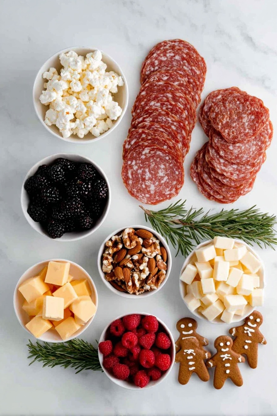 Flat lay of thin folded slices of hard Italian salami and Salame di Parma arranged in delicate triangles, small white ceramic bowls of mini Brie bites, cubes of smoked Gouda, and aged Gouda cut into Christmas tree shapes, a simple handful of mixed nuts and Jordan almonds in small white bowls, fresh blackberries and raspberries placed individually, sprigs of rosemary laid symmetrically, and plain Christmas tree shaped lahvosh crackers and gingerbread man cookies arranged neatly — all displayed on simple white ceramic plates and bowls, balanced and symmetrical composition placed on a clean white marble surface, soft natural light, photo taken with an iPhone, professional food photography style, fresh ingredients, white ceramic bowls, no bottles, no duplicates, no utensils, no packaging --ar 2:3 --v 7 --p m7354615311229779997 - Christmas Charcuterie Cups with Salami and Cheese, festive holiday appetizers, easy Christmas snack ideas, individual charcuterie cups, holiday party finger foods