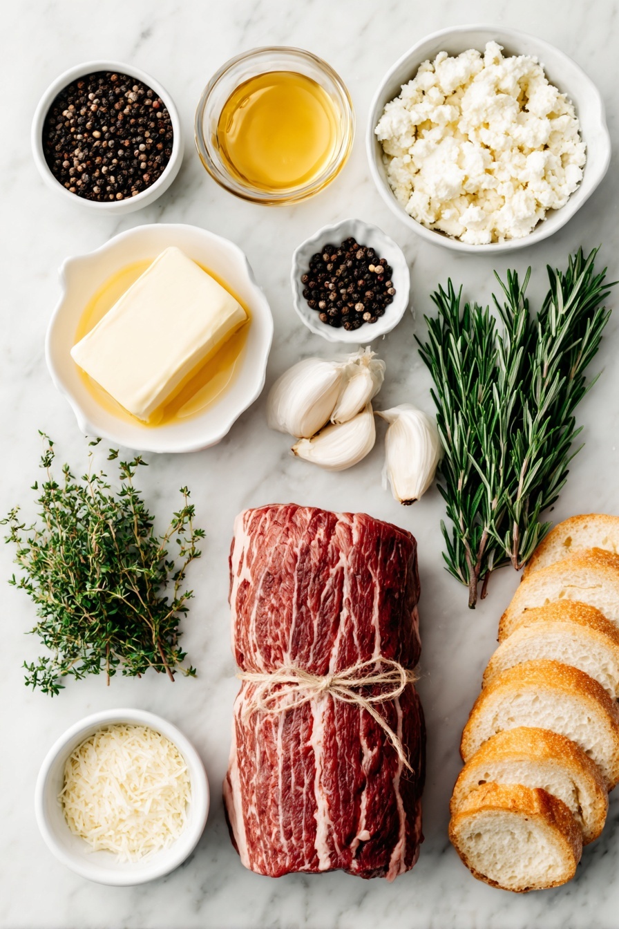 Flat lay of a whole raw beef tenderloin tied with butcher’s twine, a small white ceramic bowl of crushed black peppercorns, a small pile of coarse sea salt crystals, a stick of salted butter, several garlic cloves lightly smashed, fresh rosemary sprigs, fresh thyme sprigs, fresh sage leaves, a whole baguette sliced and toasted, a small white ceramic bowl of creamy goat cheese, a small white ceramic bowl with honey, a small white ceramic bowl filled with dry white wine, a small white ceramic bowl with heavy cream, a small white ceramic bowl containing grated Parmesan cheese, all arranged symmetrically and balanced, placed on a clean white marble surface, soft natural light, photo taken with an iPhone, professional food photography style, fresh ingredients, white ceramic bowls, no bottles, no duplicates, no utensils, no packaging --ar 2:3 --v 7 --p m7354615311229779997 - Beef Tenderloin Crostini with Parmesan Wine Sauce, elegant beef appetizer, holiday appetizer recipes, easy upscale appetizer, beef crostini ideas