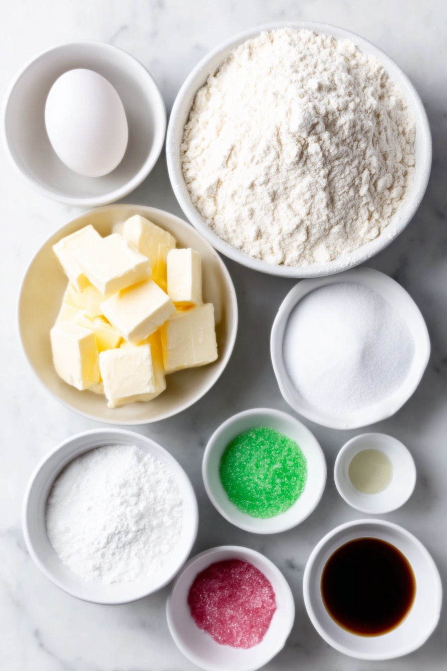 Flat lay of a small mound of unbleached all-purpose flour, a few teaspoons of baking powder scattered beside it, cold salted butter cut into neat cubes, a small white bowl filled with granulated sugar, one whole clean egg with an uncracked shell, a small white bowl holding clear vanilla extract, a small white bowl containing almond extract, a small white bowl of meringue powder, a small white bowl of water, a small white bowl heaped with powdered sugar, a small white bowl with light corn syrup, and small piles of pink, red, and green gel icing colors placed symmetrically, all arranged on a simple white ceramic surface, placed on a clean white marble surface, soft natural light, photo taken with an iPhone, professional food photography style, fresh ingredients, white ceramic bowls, no bottles, no duplicates, no utensils, no packaging --ar 2:3 --v 7 --p m7354615311229779997 - Peppermint Candy Sugar Cookies, festive holiday cookies, peppermint sugar cookies recipe, Christmas cookie recipes, easy holiday treats
