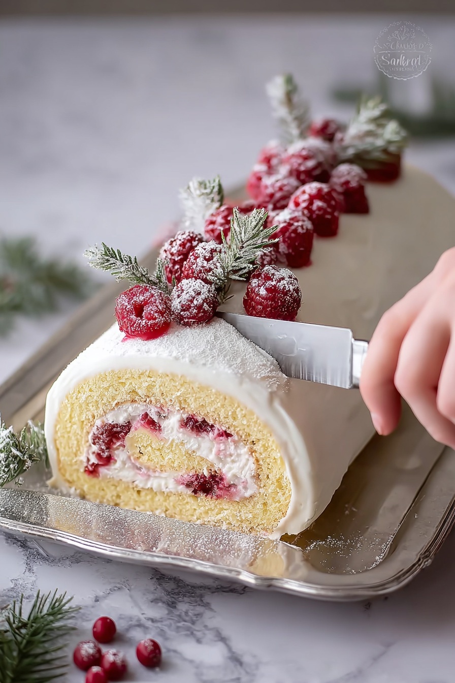 A rolled cake is placed on a silver tray with a white marbled background. The cake has two visible layers: a light yellow sponge layer on the outside and a white creamy filling layered with red raspberry pieces in the inside. The outside of the cake is covered with a smooth white frosting. On top, there are fresh red raspberries and green sprigs, lightly dusted with powdered sugar. A woman's hand holds a knife slicing the cake from the right side. The image has a soft, festive feel. photo taken with an iphone --ar 2:3 --v 7 - Raspberry Cake Roll with White Chocolate Ganache, raspberry cake roll, white chocolate raspberry dessert, berry cake roll, vanilla sponge roulade