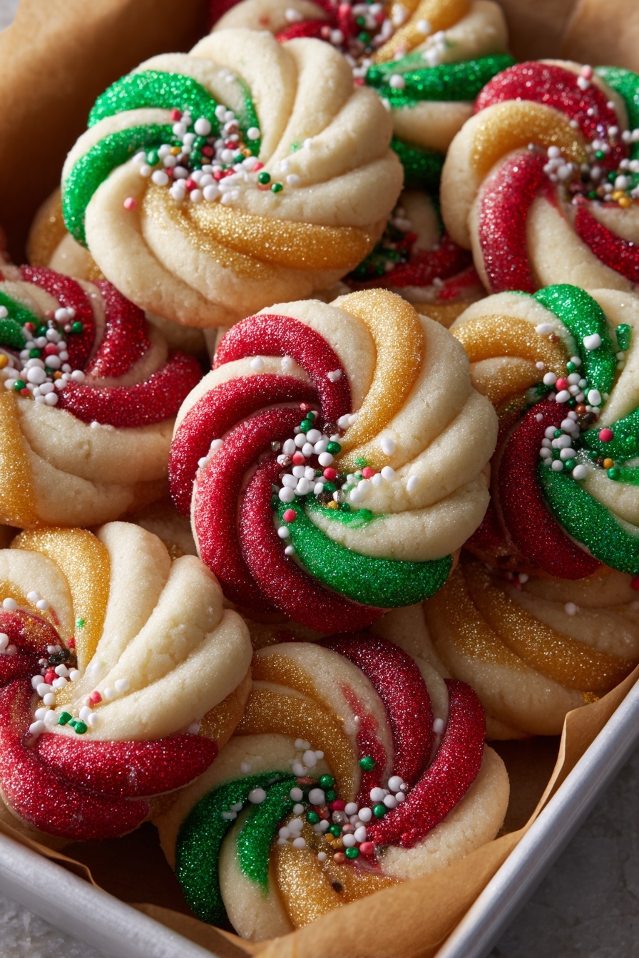 The image shows a close-up of many round swirl cookies placed in a white tray lined with brown paper. Each cookie has a thick twisted design with two colors blended together in the swirls: bright red and creamy white, shiny gold and creamy white, or green and creamy white. The cookies are topped with small white sugar crystals and some multi-colored small round sprinkles, adding a textured look. The white swirls are soft and smooth, contrasting with the glittery bright colors that look grainy and sugar-coated. The cookies are arranged close to each other, filling the tray fully. Photo taken with an iphone --ar 2:3 --v 7 - Twisted Christmas Cookies with Festive Icing, holiday cookie recipes, festive Christmas treats, easy holiday cookies, colorful icing cookies