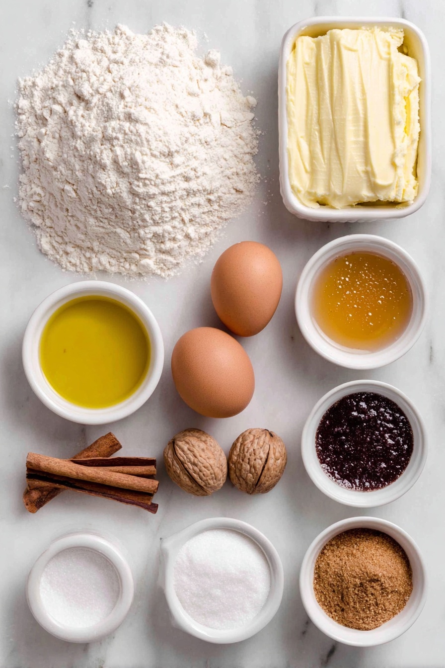 Flat lay of a small mound of white all-purpose flour, a few whole brown nutmegs and cinnamon sticks, a small pile of ground ginger and ground cloves and ground cinnamon powders arranged neatly, a small white ceramic bowl of solid refined coconut oil, a small white ceramic bowl filled with dark amber molasses, a small white ceramic bowl containing pure maple syrup, a small white ceramic bowl heaped with dark brown sugar, two whole uncracked brown eggs, a small white ceramic bowl filled with aquafaba (liquid from chickpeas), another small white ceramic bowl with sifted powdered sugar, a tiny white ceramic bowl holding clear vanilla extract, and a separate tiny white ceramic bowl of clean water droplets, all placed on a clean white marble surface, soft natural light, photo taken with an iPhone, professional food photography style, fresh ingredients, white ceramic bowls, no bottles, no duplicates, no utensils, no packaging --ar 2:3 --v 7 --p m7354615311229779997 - Vegan Gingerbread Cookies with Icing, vegan gingerbread cookies, holiday vegan cookies, vegan gingerbread recipe, plant-based holiday cookies