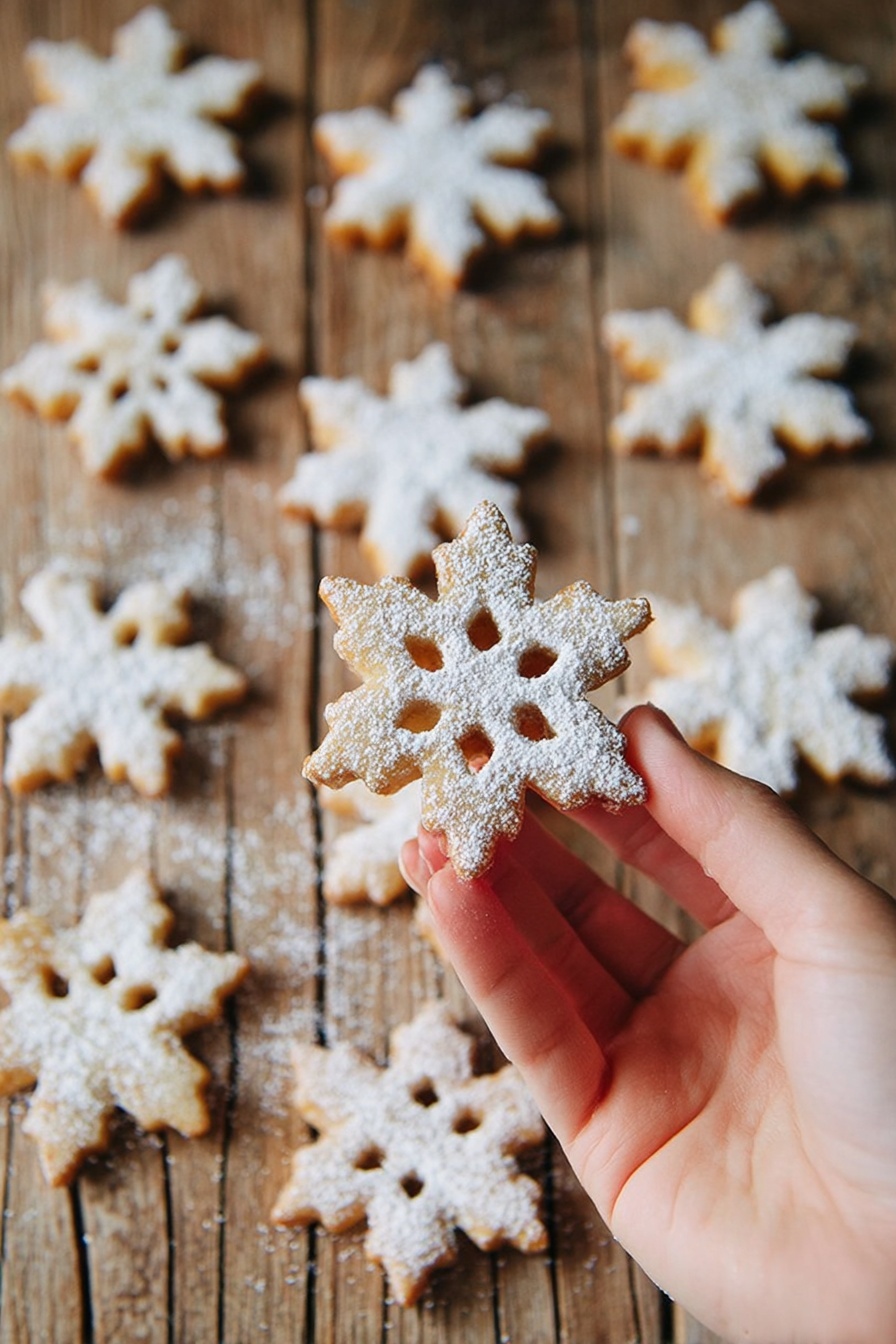 A woman's hand is holding a snowflake-shaped cookie dusted with white powdered sugar, showing its light golden-brown color and cut-out pattern with six rounded petals and points. Below, there are twelve more similar snowflake-shaped cookies spread out on a wooden surface sprinkled with powdered sugar, creating a soft, snowy effect. The cookies have a slightly rough texture and a light, warm tint. The wooden surface has natural cracks and grain lines, adding rustic warmth to the image. Photo taken with an iphone --ar 2:3 --v 7 - Vegan Cinnamon Snowflake Cookies, vegan holiday cookies, cinnamon cookies recipe, vegan Christmas treats, easy vegan cookies