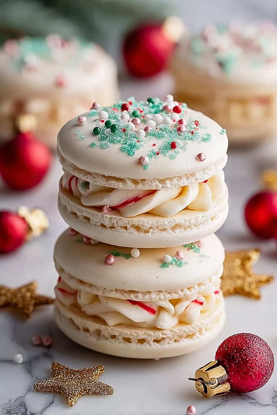 The image shows two stacked macarons on a white marbled surface, each with three layers: the bottom and top layers are smooth, round, light creamy beige shells, topped with white icing that has small red, green, and white round sprinkles and a dusting of powdered sugar. The middle layer is a twisted cream filling with red and white stripes resembling a candy cane, with one macaron having a soft green shell layer instead of creamy beige. Around them are small golden star-shaped ornaments and red snowflake star sprinkles, all dusted lightly with powdered sugar. Photo taken with an iphone --ar 2:3 --v 7 - Christmas Tree Macarons, festive holiday macarons, Christmas dessert ideas, holiday macarons recipe, Christmas party treats