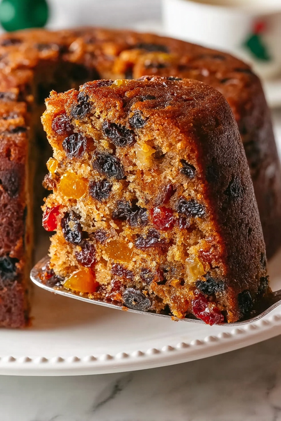 A close-up of a sliced fruit cake with a deep brown crust and a dense inside showing many pieces of dark raisins and bright orange and red dried fruits mixed throughout. The cake is thick and round, with one large slice held up by a silver cake server, showing the detailed texture full of fruit bits. The cake sits on a white plate with a subtle decorative edge, placed on a white marbled surface. Photo taken with an iphone --ar 2:3 --v 7 - Healthy Christmas Fruit Bundt Cake, festive fruitcake, healthy holiday baking, light Christmas cake, seasonal fruit cake
