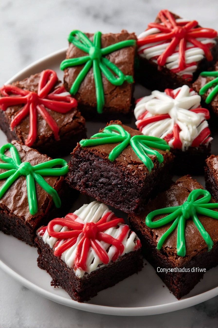 The image shows a white plate full of square chocolate brownies, each decorated like a gift box with colorful icing ribbons and bows on top. There are three layers visible on each brownie: the dark brown, slightly cracked top layer with a shiny, chocolatey texture; the thick, moist, and dense chocolate middle layer inside; and the smooth, vibrant icing layer on top shaped into red, green, and white bows and ribbons crossing the brownies. One brownie in the center is tilted to show the soft, rich inside texture. The plate sits on a white marbled surface. Photo taken with an iphone --ar 2:3 --v 7 - Christmas Present Brownies, festive brownies, holiday gift brownies, chocolate gift brownies, Christmas dessert ideas