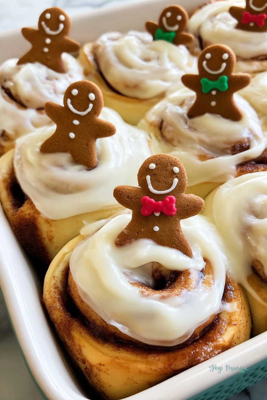 A close-up of soft, swirled cinnamon rolls stacked tightly in a white baking dish, each roll covered with thick, creamy white icing that glistens smoothly on its light golden brown surface. On top of each roll sits a small, smiling gingerbread man cookie with different colored details like green bow ties or red bows, adding a playful and festive touch. The cinnamon layers inside the rolls are visible in shades of rich brown, contrasting with the creamy frosting and dough. The whole scene rests on a white marbled surface. photo taken with an iphone --ar 2:3 --v 7 - Gingerbread Cinnamon Rolls, gingerbread cinnamon rolls recipe, holiday cinnamon rolls, spiced cinnamon roll dough, festive breakfast treats