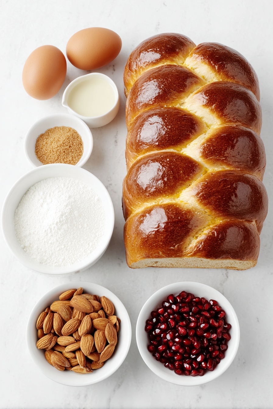 Flat lay of three whole uncracked brown eggs, a small white ceramic bowl of almond milk, a small white ceramic bowl with light brown granulated brown sugar, a small white ceramic bowl of ground cinnamon powder, a pinch of sea salt crystals beside the bowls, several 1-inch diagonal slices of golden challah bread stacked slightly overlapping, a small white ceramic bowl of toasted sliced almonds, a small white ceramic bowl filled with ruby red pomegranate arils, all arranged in perfect symmetry on a clean white marble surface, soft natural light, photo taken with an iPhone, professional food photography style, fresh ingredients, white ceramic bowls, no bottles, no duplicates, no utensils, no packaging --ar 2:3 --v 7 --p m7354615311229779997 - Baked Cinnamon French Toast, cinnamon French toast, easy baked French toast, breakfast casserole with cinnamon, cinnamon French toast bake