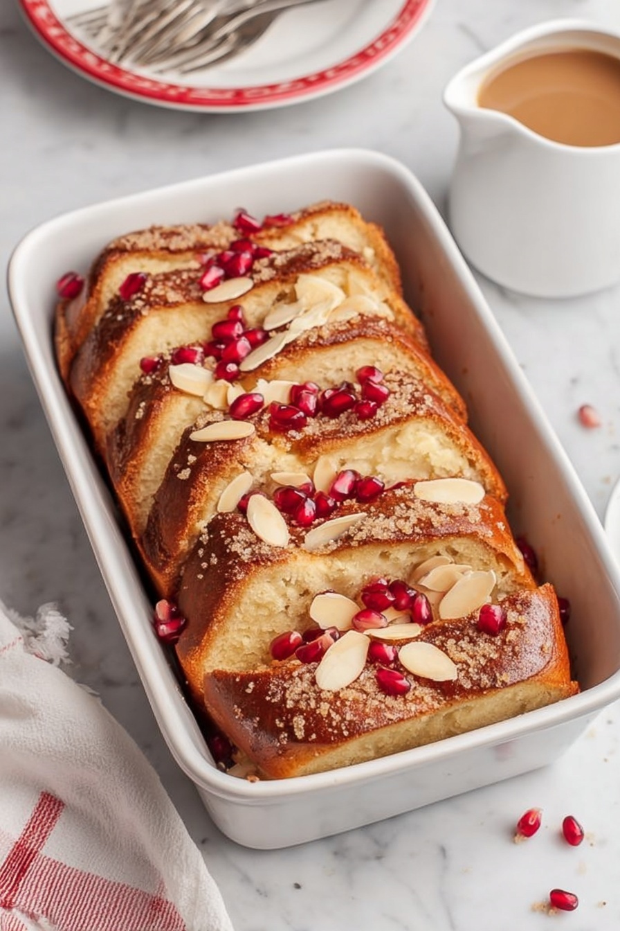 A white rectangular baking dish holds layered slices of light golden-brown baked bread, arranged in a slightly overlapping, angled pattern. The top layer is richly covered with a smooth, thick chocolate sauce that shines under soft light. Scattered almond slices and bright red pomegranate seeds decorate the surface, adding texture and pops of color. A fine dusting of white powdered sugar is gently spread over the top, enhancing the visual interest. The dish sits on a white marbled surface with a glimpse of a white plate with a red stripe rim and a fork to the side. Photo taken with an iphone --ar 2:3 --v 7 - Baked Cinnamon French Toast, cinnamon French toast, easy baked French toast, breakfast casserole with cinnamon, cinnamon French toast bake