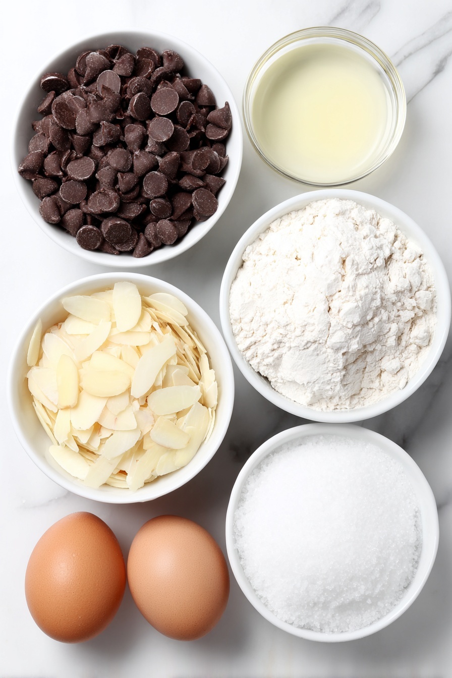 Flat lay of a small white ceramic bowl filled with glossy semi-sweet chocolate chips, a small white ceramic bowl with smooth coconut oil, a neat pile of pale beige sliced almonds, a small white ceramic bowl holding fine white powdered sugar, and a simple white ceramic bowl containing uncracked brown eggs, all arranged symmetrically alongside a small white ceramic bowl with dry, crumbly grain-free boxed brownie mix, placed on a clean white marble surface, soft natural light, photo taken with an iPhone, professional food photography style, fresh ingredients, white ceramic bowls, no bottles, no duplicates, no utensils, no packaging --ar 2:3 --v 7 --p m7354615311229779997 - Viral Chocolate Pine Cone Brownies, chocolate pine cone brownies, festive brownie desserts, easy pine cone brownies, creative chocolate treats