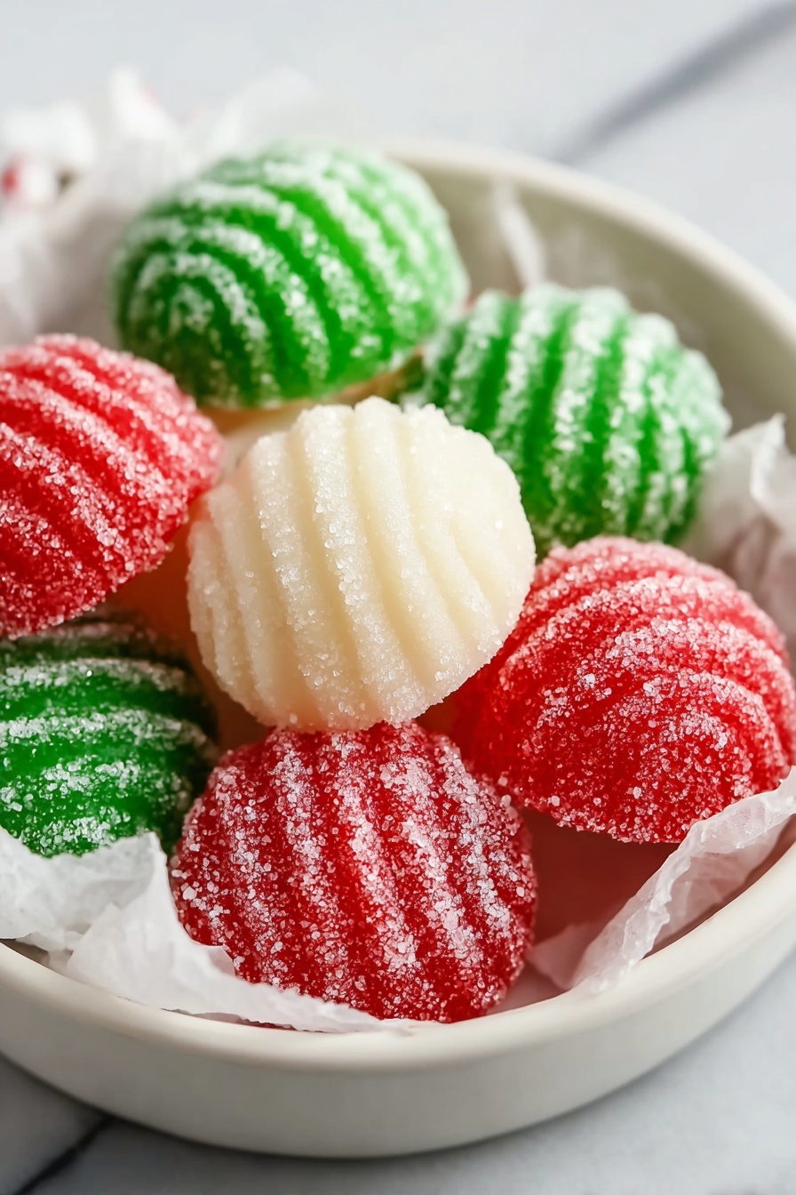 The image shows six round candies arranged in a white bowl lined with white parchment paper. There are three red candies, two green candies, and one white candy in the center. Each candy has a ridged texture with visible sugar crystals covering their surfaces, making them look grainy and sparkly. The candies are neatly placed close to each other on a white marbled surface. Photo taken with an iphone --ar 2:3 --v 7 - No-Bake Christmas Peppermint Mints, festive peppermint candies, holiday no-bake treats, quick Christmas dessert, homemade peppermint mints