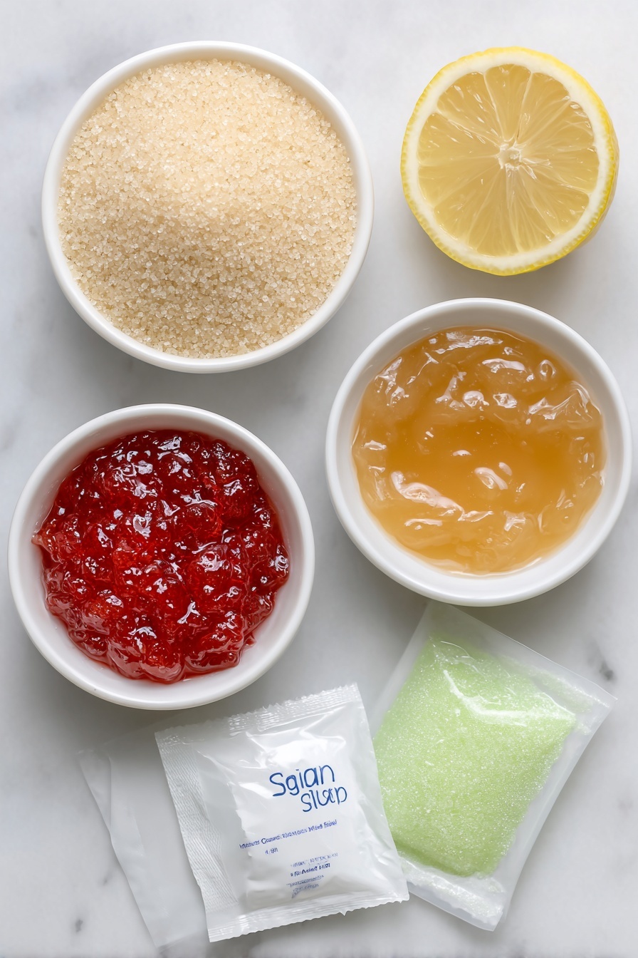 Flat lay of a heaping mound of granulated sugar in a small simple white ceramic bowl, a small white ceramic bowl filled with smooth, golden applesauce, vibrant red cherry Jell-O powder spilling slightly beside a small pile of bright green lime Jell-O powder, two unopened envelopes of translucent unflavored gelatin sheets stacked neatly, a fresh lemon wedge with visible juice droplets resting beside a small white ceramic bowl containing freshly squeezed lemon juice, all arranged in perfect symmetry and realistic proportions on a clean white marble surface, soft natural light, photo taken with an iPhone, professional food photography style, fresh ingredients, white ceramic bowls, no bottles, no duplicates, no utensils, no packaging --ar 2:3 --v 7 --p m7354615311229779997 - Homemade Gumdrops, chewy fruity candies, DIY gummy sweets, natural jelly candies, homemade candy treats