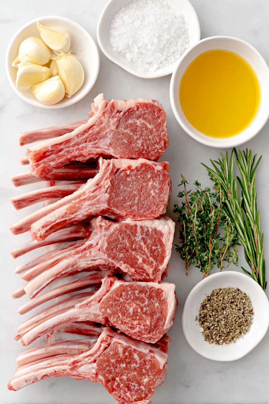 Flat lay of a fresh raw rack of lamb with eight individual lamb chops separated, a small white ceramic bowl of golden extra-virgin olive oil, three whole peeled garlic cloves, a few sprigs of fresh green rosemary, a small white bowl containing coarse kosher salt crystals, and another small white bowl with freshly ground black pepper, all arranged in perfect symmetry and balanced proportions, placed on a clean white marble surface, soft natural light, photo taken with an iPhone, professional food photography style, fresh ingredients, white ceramic bowls, no bottles, no duplicates, no utensils, no packaging --ar 2:3 --v 7 --p m7354615311229779997 - Garlic Rosemary Grilled Lamb Chops, Grilled Lamb Chop Recipes, Easy Lamb Chops, Juicy Lamb Chops, Lamb Chops with Herbs