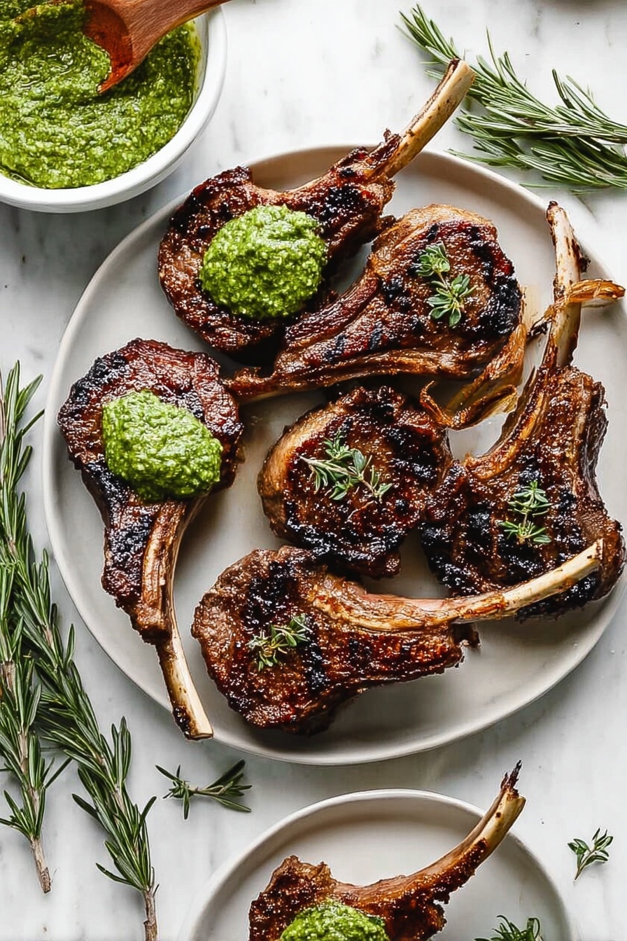 A white plate holds six grilled lamb chops with dark brown, slightly charred edges and juicy interior. Each chop shows a long bone handle, and some have small bright green herb sprigs on top. Two chops are topped with a thick dollop of bright green sauce with a rough, textured look. Around the main plate, a smaller white plate has a single chop with the same green sauce on it. To the left, a small white bowl holds more of the same sauce with a wooden spoon resting inside. The background is a white marbled texture with sprigs of fresh rosemary scattered around. photo taken with an iphone --ar 2:3 --v 7 - Garlic Rosemary Grilled Lamb Chops, Grilled Lamb Chop Recipes, Easy Lamb Chops, Juicy Lamb Chops, Lamb Chops with Herbs