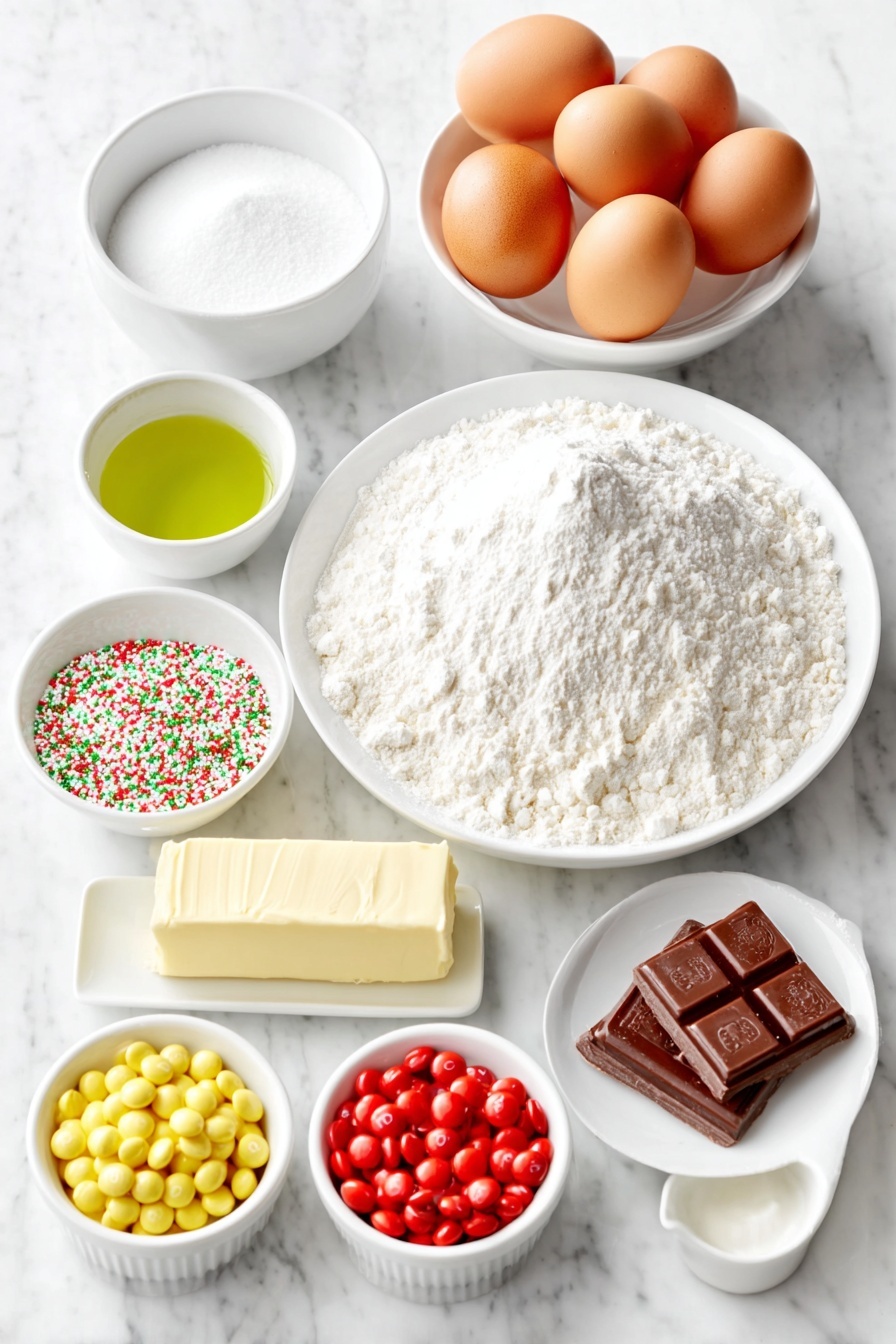 Flat lay of a small mound of all-purpose flour, a small pile of granulated sugar, three large uncracked brown eggs, a small white bowl of vegetable oil, a small white bowl of buttermilk, a small white bowl with red, green, and white holiday sprinkles, a stick of salted butter, a small white bowl of powdered sugar, a small white bowl of milk, a small white bowl of vanilla extract, a few drops of green gel food coloring on a white ceramic plate, a few drops of blue gel food coloring on a white ceramic plate, five brown mini candy-coated chocolates, a small handful of yellow mini candy-coated chocolates, a small handful of red mini candy-coated chocolates, and a piece of red sour candy belt, all placed on a clean white marble surface, soft natural light, photo taken with an iPhone, professional food photography style, fresh ingredients, white ceramic bowls, no bottles, no duplicates, no utensils, no packaging --ar 2:3 --v 7 --p m7354615311229779997 - Festive Christmas Sheet Cake with Green Frosting, Christmas holiday cake, Christmas dessert recipe, holiday sheet cake, green frosting Christmas cake