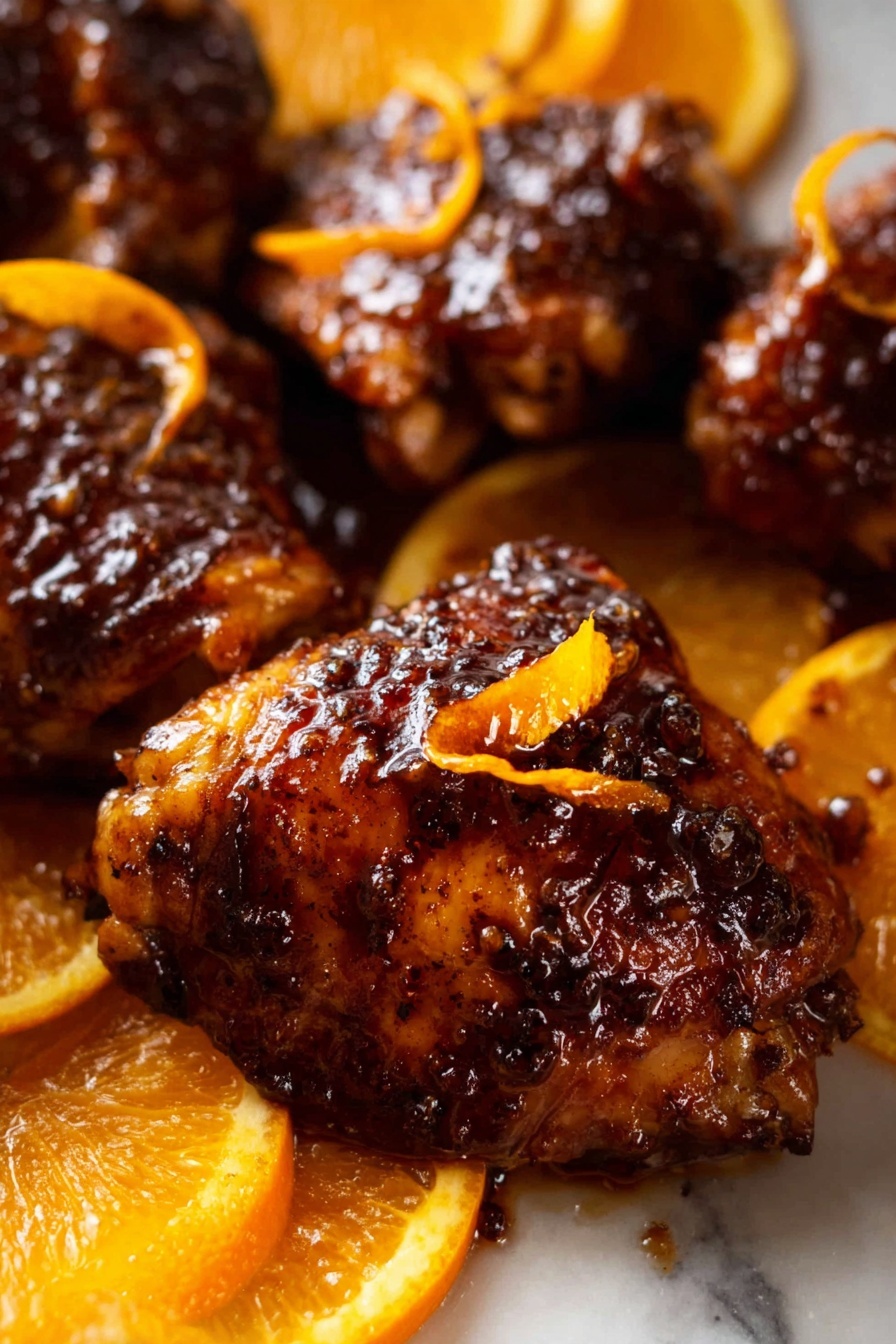 The image shows several pieces of dark brown glazed chicken thighs with a shiny, sticky sauce on their surface. Each piece has a rich, crispy texture with some blackened spots. Thin orange peel curls rest on top of some chicken pieces, adding a bright contrast. Around the chicken pieces, there are fresh orange slices with a vibrant orange color and juicy texture. The dish is set against a white marbled texture background. photo taken with an iphone --ar 2:3 --v 7 - Sticky Orange Glazed Chicken, orange glazed chicken recipe, citrus glazed chicken, flavorful chicken thighs, easy orange chicken