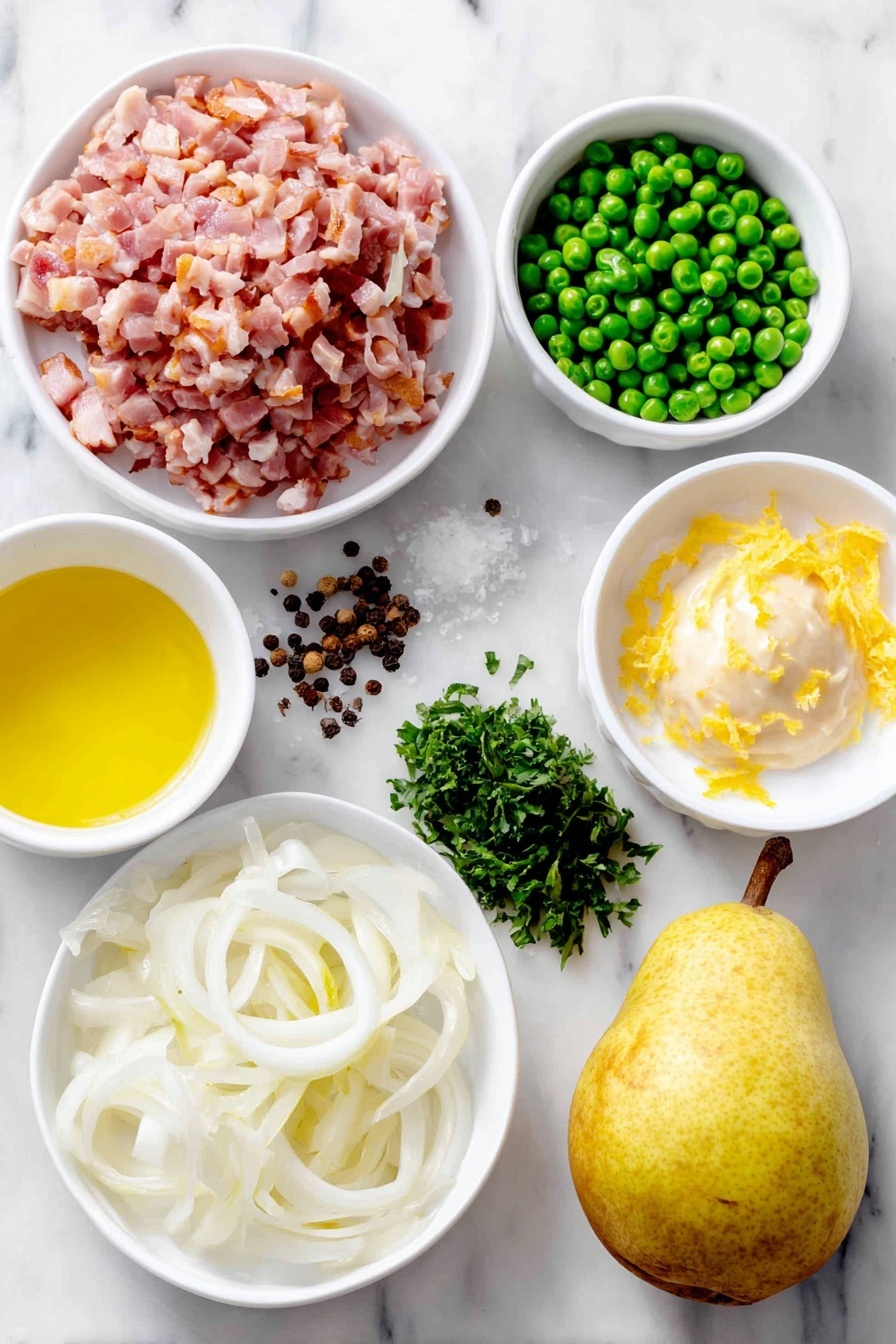 Flat lay of a small mound of diced pancetta, three halved and thinly sliced shallots arranged neatly, a small white ceramic bowl of bright green frozen peas, a fresh whole pear with smooth light yellow skin, a small white bowl of pale yellow lemon juice next to a few lemon zest curls, a small pile of roughly chopped vibrant green parsley, a few whole peppercorns scattered nearby, and a small white bowl of creamy Dijon mustard, all placed on a clean white marble surface, soft natural light, photo taken with an iPhone, professional food photography style, fresh ingredients, white ceramic bowls, no bottles, no duplicates, no utensils, no packaging --ar 2:3 --v 7 --p m7354615311229779997 - Pear and Pancetta Peas Detox, Pear and Pancetta Peas Side Dish, Healthy Pear and Pancetta Peas, Easy Pear and Pancetta Peas, Fresh Peas with Pear and Pancetta