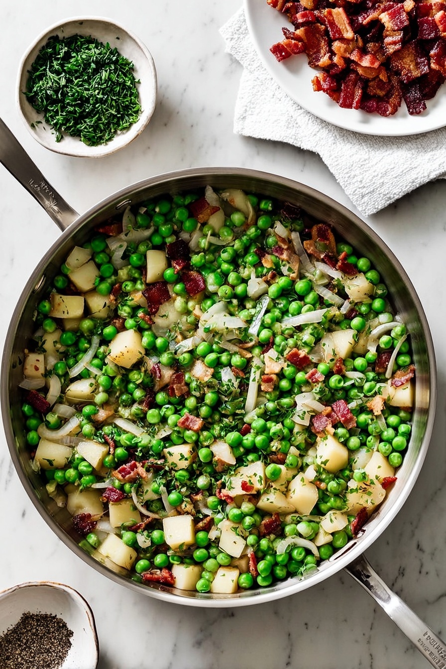 A metal pan filled with a colorful mix of bright green peas, small cubes of light beige potatoes, and thin pale strips of onions, all mixed with small pieces of browned bacon and chopped fresh dark green herbs. The pan is placed on a white marbled surface. To the top right, a white plate holds extra browned bacon pieces on a paper towel. At the bottom left, two small white dishes contain coarsely ground black pepper and more chopped fresh herbs. The scene is well-lit and shows texture clearly, photo taken with an iphone --ar 2:3 --v 7 - Pear and Pancetta Peas Detox, Pear and Pancetta Peas Side Dish, Healthy Pear and Pancetta Peas, Easy Pear and Pancetta Peas, Fresh Peas with Pear and Pancetta