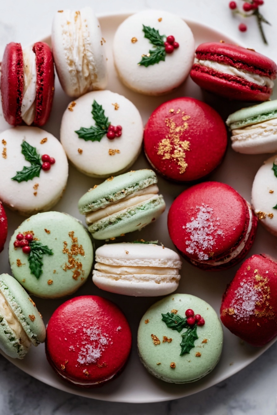 The image shows a white plate filled with colorful macarons arranged closely together on a white marbled surface. The macarons have three main colors: white with small green holly leaves and red berries on top, smooth red with a few sprinkled crumbs, and pale green with a rougher texture and some gold flakes. Some macarons are facing flat, displaying their round tops, while others show the side, revealing two smooth cookie layers sandwiching creamy filling. The overall look is festive, bright, and textured, with a mix of smooth and slightly rough surfaces. photo taken with an iphone --ar 2:3 --v 7 - Festive Christmas Macarons with Buttercream Filling, holiday macarons, Christmas treats, colorful holiday desserts, homemade Christmas macarons