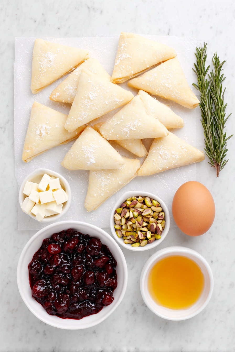 Flat lay of fresh crescent dough triangles arranged neatly, chunks of creamy brie cheese with white rind, a small white ceramic bowl filled with vibrant red cranberry sauce, a handful of shelled green pistachios, two fresh rosemary sprigs with needle-like leaves, one whole uncracked brown egg, a small white bowl with golden honey, and a pinch of coarse fleur de sel crystals scattered beside the bowls, all elements balanced symmetrically and placed on a clean white marble surface, soft natural light, photo taken with an iPhone, professional food photography style, fresh ingredients, white ceramic bowls, no bottles, no duplicates, no utensils, no packaging --ar 2:3 --v 7 --p m7354615311229779997 - Cranberry Brie Crescent Wreath, festive appetizer, holiday appetizer, easy holiday appetizer, cranberry brie appetizer