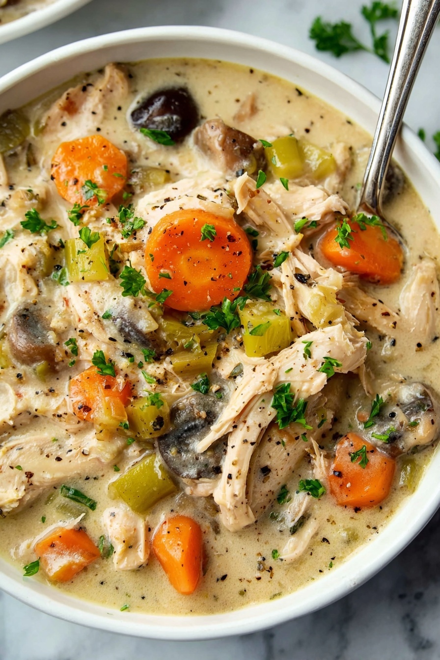 A white round bowl filled with three main layers: the bottom layer is pale, creamy mashed potatoes with a soft, slightly lumpy texture; on top is a hearty mixture of shredded light brown cooked chicken pieces, whole orange baby carrots, small dark brown mushrooms, and bits of cooked celery, all covered in a thick creamy light beige sauce with black pepper specks; arranged on one side of the bowl is a neat pile of bright green steamed green beans. A woman's hand is gently holding the bowl from the side, and a silver fork rests on the right edge of the bowl. The dish is placed on a white marbled background with small bits of fresh green parsley sprinkled around and on the food. photo taken with an iphone --ar 2:3 --v 7 - Creamy Chicken Casserole with Vegetables, Chicken and Veggie Casserole, Easy Creamy Chicken Bake, Hearty Chicken and Vegetable Dinner, Comforting Chicken Casserole