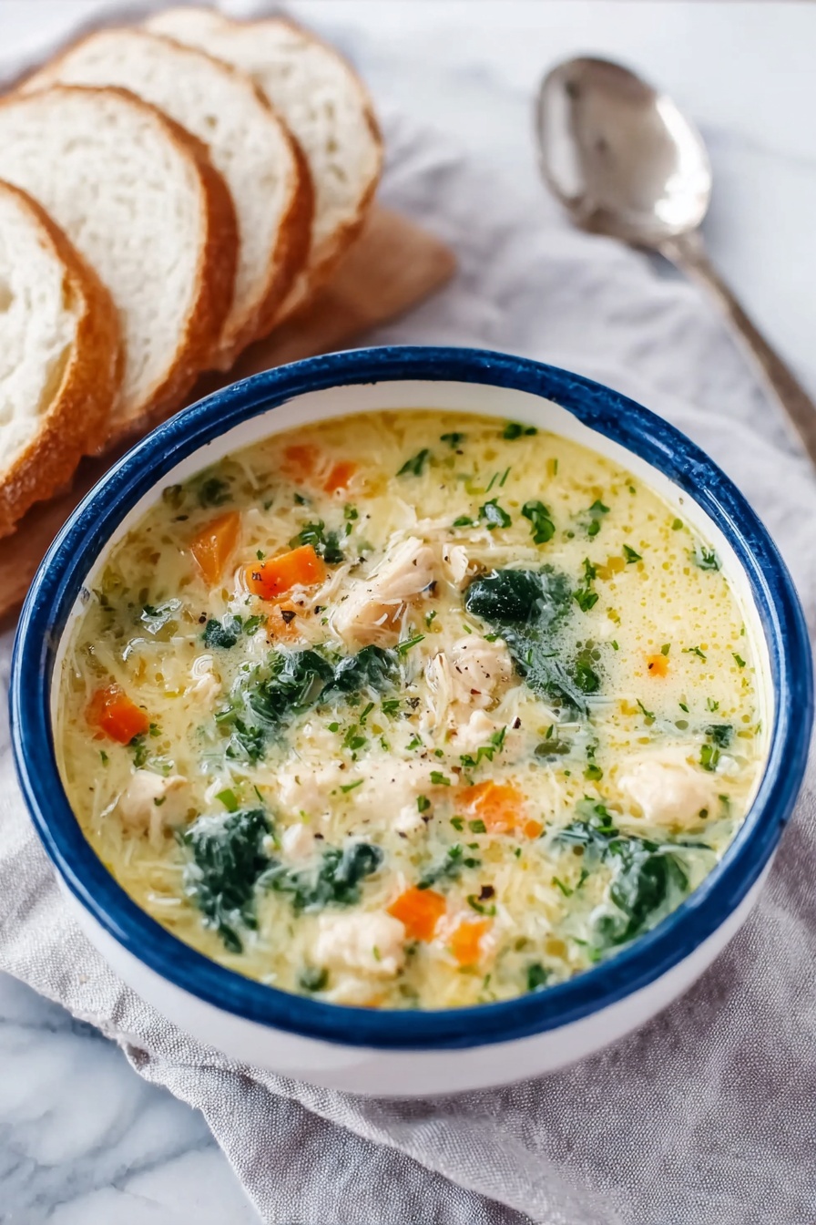 A white bowl with blue accents is filled with creamy chicken soup that has a light yellow color. The soup has small pieces of white chicken, bright orange carrot cubes, and dark green spinach leaves spread evenly throughout. There are tiny green herbs floating on top, and a slight oily shine giving it a fresh look. The bowl sits on a light gray cloth on a white marbled surface. To the left, there are three white slices of bread stacked next to the bowl, and a silver spoon lays above the bowl. Photo taken with an iphone --ar 2:3 --v 7 - Lemon Chicken Soup with Avgolemono Flavor, lemon chicken soup, Greek lemon chicken soup, comforting lemon chicken broth, healthy chicken soup