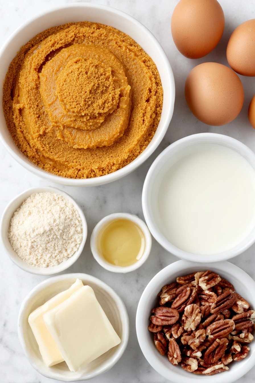 Flat lay of a small white ceramic bowl filled with bright orange pumpkin pie filling, a small white bowl of creamy evaporated milk, four whole brown eggs with clean shells, a simple white ceramic bowl holding an even layer of finely ground spice cake mix in warm beige tones, a small white bowl containing melted golden butter, and a small white bowl of roughly chopped pecans arranged neatly, all ingredients fresh and natural, placed on a clean white marble surface, soft natural light, photo taken with an iPhone, professional food photography style, fresh ingredients, white ceramic bowls, no bottles, no duplicates, no utensils, no packaging --ar 2:3 --v 7 --p m7354615311229779997 - Pumpkin Dump Cake, pumpkin dump cake, fall dessert recipes, easy dump cake, pumpkin dessert
