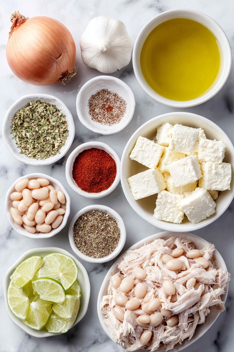 Flat lay of a small yellow onion whole with a few diced pieces nearby, two whole uncracked garlic cloves, a small white bowl of golden olive oil, a pile of shredded cooked rotisserie chicken, a small white bowl of diced green chilies, scattered dried cumin seeds beside small white bowls containing paprika, dried oregano, ground coriander, and cayenne pepper powders, a small white bowl of low-sodium chicken broth, a handful of fresh corn kernels, a small white bowl of canned cannellini beans, small cubes of fresh Neufchatel cheese on a simple white ceramic plate, a small wedge of fresh lime with a few lime wedges, and a small bunch of fresh cilantro sprigs placed symmetrically, all arranged on a clean white marble surface, soft natural light, photo taken with an iPhone, professional food photography style, fresh ingredients, white ceramic bowls, no bottles, no duplicates, no utensils, no packaging --ar 2:3 --v 7 --p m7354615311229779997 - Creamy Chicken White Chili, easy white chicken chili recipe, cozy comfort chili, beginner-friendly chili recipe, savory white chili dinner