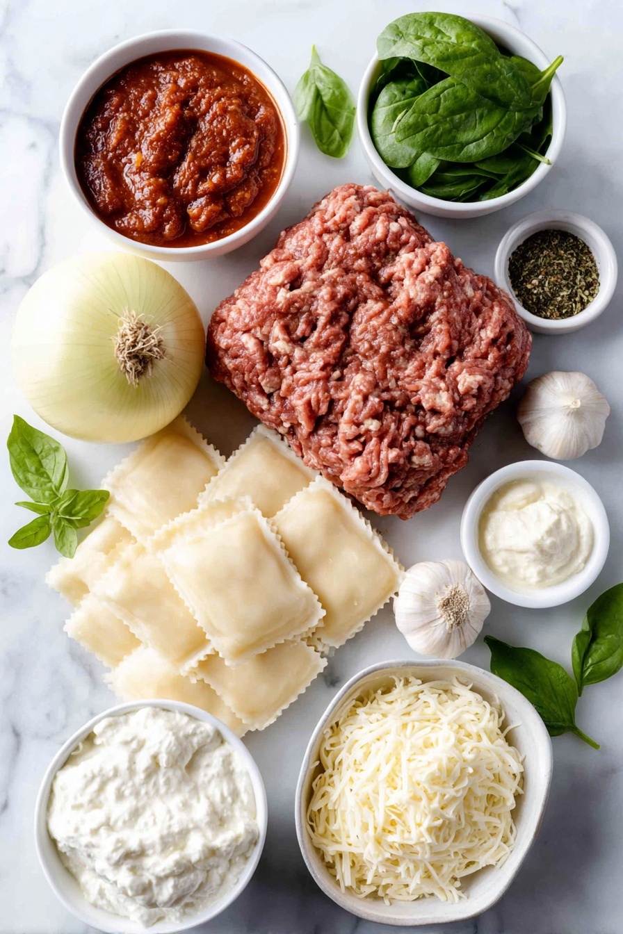 Flat lay of a small mound of fresh lean ground beef, a small mound of fresh Italian sausage, a whole yellow onion with natural texture, three whole garlic cloves unpeeled, a small white bowl of rich red tomato paste, a small white bowl of chunky homemade marinara sauce, a few fresh green parsley sprigs, dried oregano and dried basil herbs loosely scattered, a small white bowl of low sodium chicken broth, several broken pieces of fresh wide lasagna noodles, a handful of fresh bright green spinach leaves, a small white bowl of creamy ricotta cheese, a small white bowl of shredded mozzarella cheese, a small white bowl of finely grated parmesan cheese, and a few fresh basil leaves arranged symmetrically, all placed on a clean white marble surface, soft natural light, photo taken with an iPhone, professional food photography style, fresh ingredients, white ceramic bowls, no bottles, no duplicates, no utensils, no packaging --ar 2:3 --v 7 --p m7354615311229779997 - Lasagna Soup with Ricotta and Mozzarella, hearty Italian soup, cheesy lasagna soup, easy lasagna-inspired soup, comfort food recipes