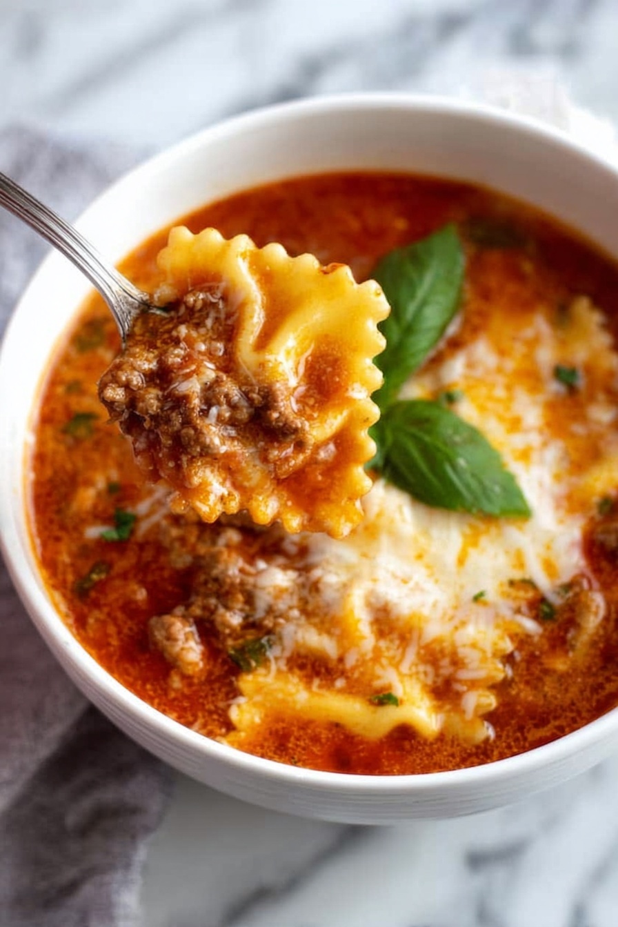 A white bowl filled with a thick, reddish-brown lasagna soup with visible ground meat and melted cheese on top. There are ruffled-edge pasta pieces partially submerged in the soup, one of which is being held above the bowl by a silver spoon showing layers of sauce, meat, and cheese. A fresh green basil leaf rests on the surface of the soup. The bowl sits on a white marbled surface. Photo taken with an iphone --ar 2:3 --v 7 - Lasagna Soup with Ricotta and Mozzarella, hearty Italian soup, cheesy lasagna soup, easy lasagna-inspired soup, comfort food recipes
