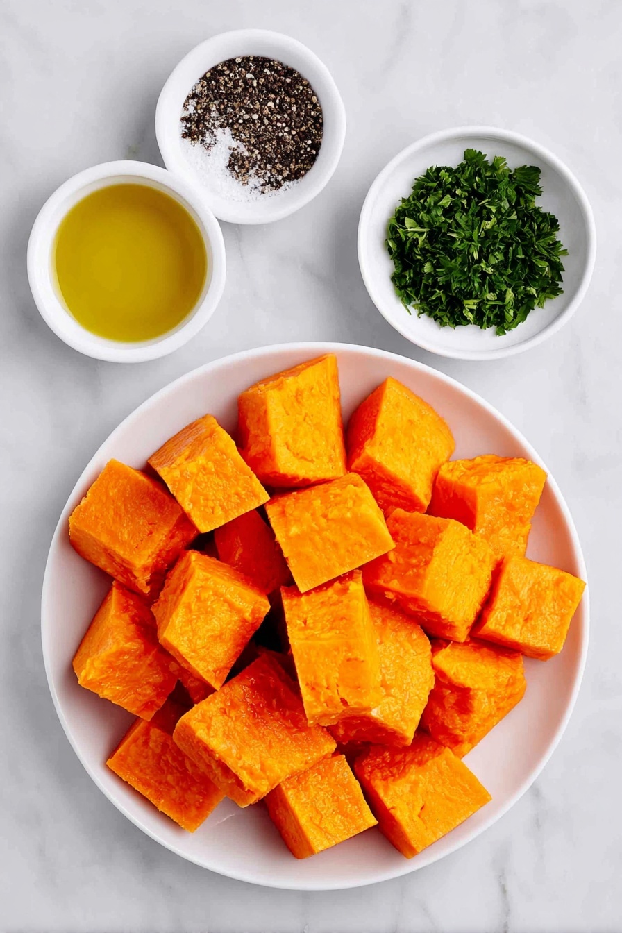 Flat lay of a small pile of bright orange butternut squash cubes, a few fresh green sprigs of chopped parsley, a small white ceramic bowl filled with golden extra-virgin olive oil, a small white ceramic bowl containing coarse sea salt, and a small white ceramic bowl with freshly ground black peppercorns, all arranged in perfect symmetry and balanced proportions, placed on a clean white marble surface, soft natural light, photo taken with an iPhone, professional food photography style, fresh ingredients, white ceramic bowls, no bottles, no duplicates, no utensils, no packaging --ar 2:3 --v 7 --p m7354615311229779997 - Roasted Butternut Squash, roasted squash side dish, easy butternut squash recipe, healthy roasted vegetables, cozy fall side dish