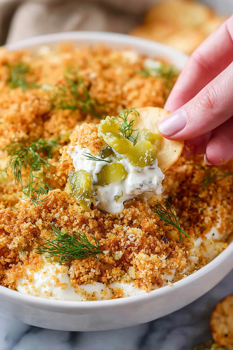A close-up of a white bowl filled with a crumbly textured dish that has a golden brown color. The dish is topped with small bright green dill leaves and diced pale green pickles scattered throughout. A woman's hand is holding a chip dipped in a creamy, white layer beneath the crumbs, showing a smooth and soft texture with dill mixed in. The bowl is set on a white marbled surface. photo taken with an iphone --ar 2:3 --v 7 - Creamy Pickle Dip with Crispy Panko Topping, pickle dip recipe, easy savory dip, flavorful appetizer, quick snack ideas