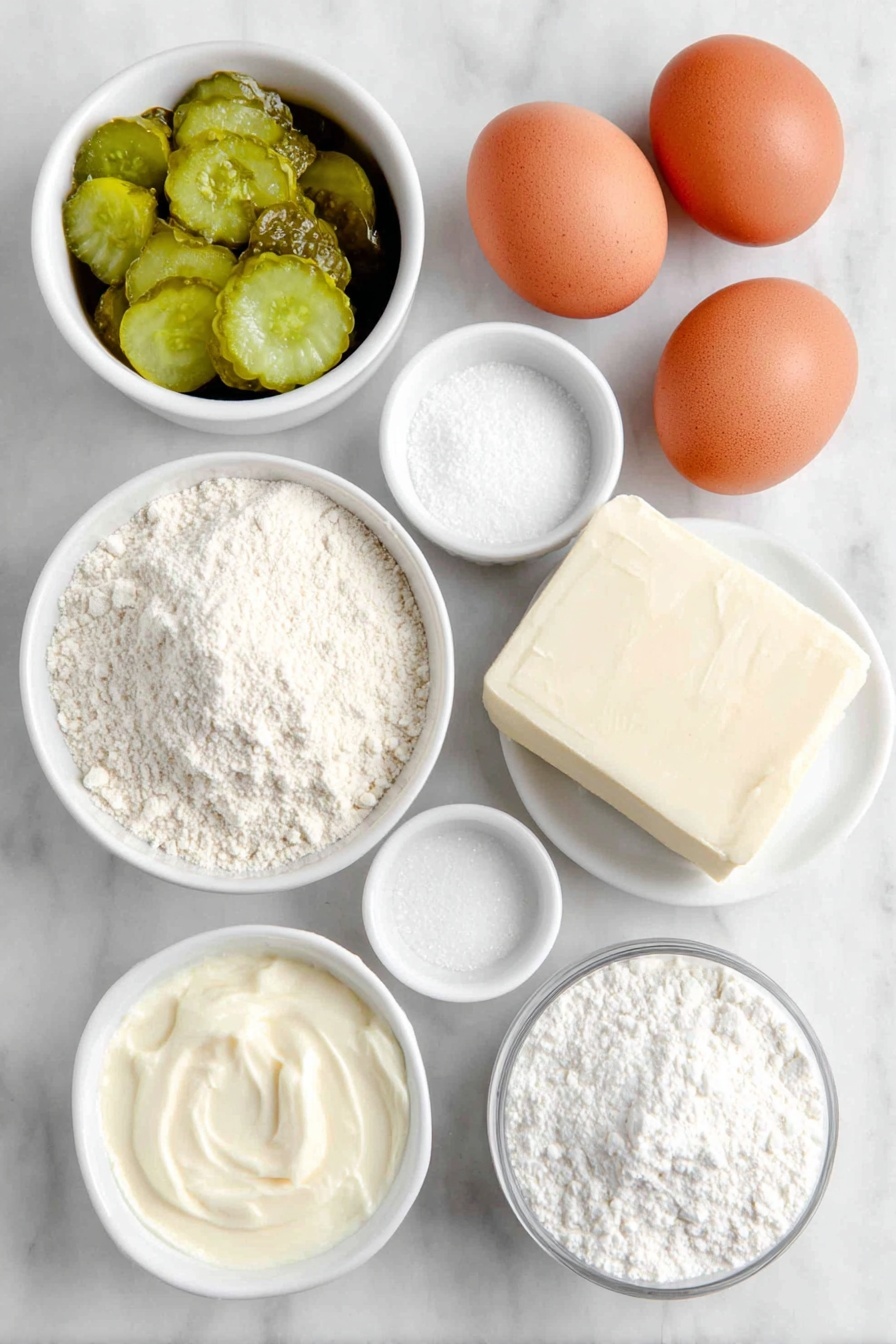 Flat lay of a small white ceramic bowl filled with chopped fresh green pickles, a small white ceramic bowl of pale green pickle juice, a simple mound of fine all-purpose flour on a pristine white ceramic plate, two whole brown eggs with smooth clean shells, a small white ceramic bowl of creamy sour cream, a neat round pat of softened butter, a small white ceramic bowl of granulated white sugar, a small white ceramic bowl of powdered sugar, a smooth block of softened cream cheese, a few fresh bright green pickle slices for garnish, all arranged in perfect symmetry on a clean white marble surface, soft natural light, photo taken with an iPhone, professional food photography style, fresh ingredients, white ceramic bowls, no bottles, no duplicates, no utensils, no packaging --ar 2:3 --v 7 --p m7354615311229779997 - Pickle Cake Cupcakes with Cream Cheese Frosting, savory pickle cupcakes, unique cupcake recipes, pickled flavor desserts, bourbon frosting cupcakes