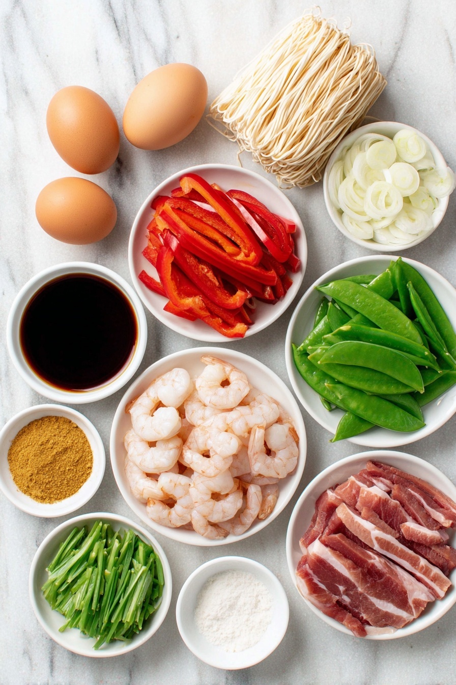 Flat lay of fresh shelled and deveined shrimp, two whole brown eggs with clean shells, a small bundle of dried rice stick noodles, thin strips of Chinese roast pork, a small pile of thinly sliced red bell pepper julienne, snow peas sliced thinly on the bias, a small heap of julienned carrot, a quarter of a medium onion very thinly sliced, two medium cloves of garlic minced, two scallions sliced very thinly on the bias, a small white ceramic bowl of golden curry powder, a small white ceramic bowl of Asian fish sauce, a small white ceramic bowl of soy sauce, a small white ceramic bowl of Shaoxing wine, a small white ceramic bowl of toasted sesame oil, a small white ceramic bowl of canola oil, and a small white ceramic bowl with a pinch of white pepper and a pinch of sugar placed neatly on a clean white marble surface, soft natural light, photo taken with an iPhone, professional food photography style, fresh ingredients, white ceramic bowls, no bottles, no duplicates, no utensils, no packaging --ar 2:3 --v 7 --p m7354615311229779997 - Singapore Rice Noodles, Singapore Rice Noodles recipe, easy Asian noodle stir-fry, flavorful shrimp and pork noodles, quick Southeast Asian dinner