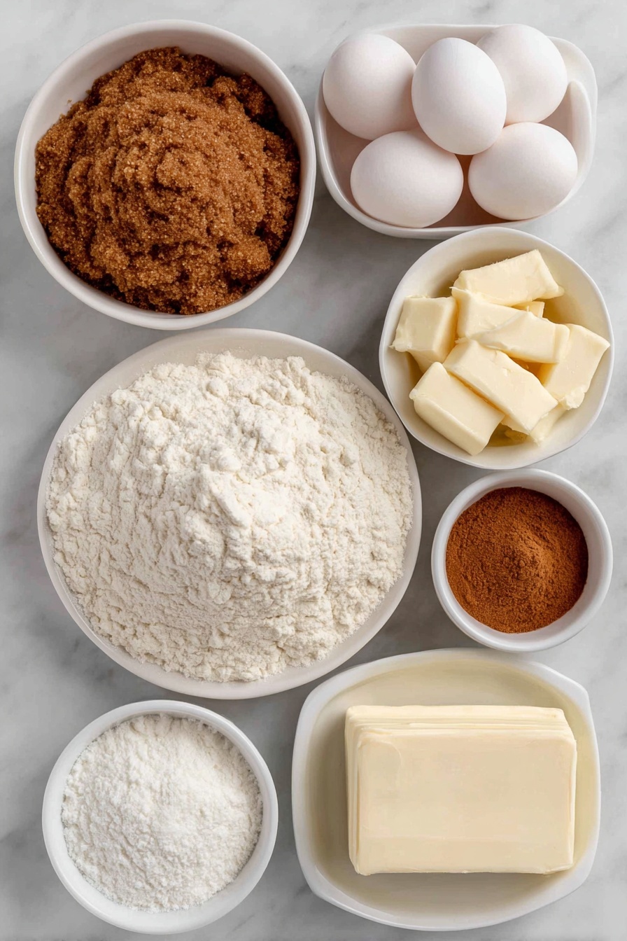 Flat lay of a small mound of all-purpose flour on a simple white ceramic plate, a small white bowl filled with warm brown packed brown sugar, another small white bowl containing fine granulated sugar, four whole large eggs with clean shells arranged neatly, a small white bowl holding softened pale yellow butter, a small white bowl of smooth bright orange pumpkin puree, a tiny white bowl with light brown pumpkin pie spice powder, a small white bowl with white powdered sugar, a small white bowl of ivory cream cheese block, and a small white bowl of pure vanilla extract liquid, all ingredients fresh and natural, perfectly symmetrical layout, placed on a clean white marble surface, soft natural light, photo taken with an iPhone, professional food photography style, fresh ingredients, white ceramic bowls, no bottles, no duplicates, no utensils, no packaging --ar 2:3 --v 7 --p m7354615311229779997 - Pumpkin Spice Cupcakes with Cream Cheese Frosting, pumpkin spice cupcakes, fall cupcake recipe, pumpkin dessert ideas, easy pumpkin cupcakes