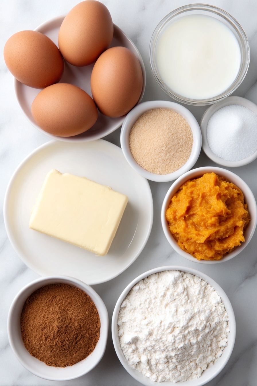 Flat lay of three whole uncracked brown eggs with smooth clean shells, a small pat of golden butter on a white ceramic plate, a small white bowl of bright orange pumpkin puree, a small white bowl of fine white sugar, a small white bowl of light brown soft brown sugar, a small white bowl of creamy white milk, a small white bowl of fine pale yellow corn starch powder, and tiny piles of ground cinnamon, ground ginger, ground nutmeg, and a pinch of allspice each gracefully arranged on a simple white ceramic dish, all ingredients fresh and natural, perfectly symmetrical layout, placed on a clean white marble surface, soft natural light, photo taken with an iPhone, professional food photography style, fresh ingredients, white ceramic bowls, no bottles, no duplicates, no utensils, no packaging --ar 2:3 --v 7 --p m7354615311229779997 - Pumpkin Souffle, pumpkin souffle recipe, fall dessert ideas, easy pumpkin dessert, fluffy pumpkin souffle