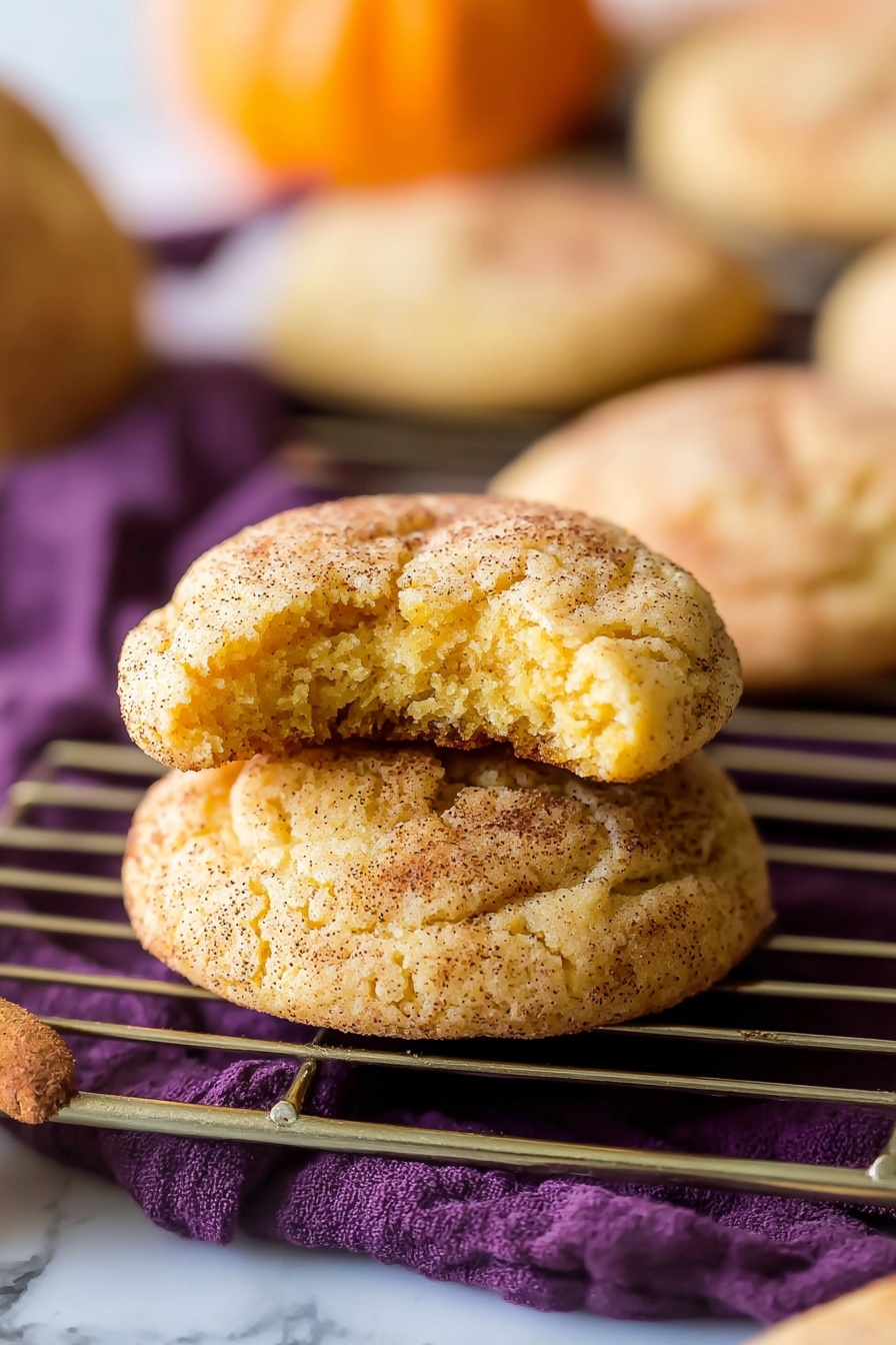 The image shows two soft, round cookies stacked on a silver cooling rack over a deep purple cloth, all set on a white marbled surface. The top cookie has a bite taken from it, revealing a light orange-yellow interior with a soft, cakey texture. Both cookies have a cracked surface speckled with dark cinnamon-like powder and a sandy sugary texture that makes them look warm and fresh. In the blurred background, there are more similar cookies and a small orange pumpkin visible. Photo taken with an iphone --ar 2:3 --v 7 - Pumpkin Snickerdoodles, pumpkin snickerdoodle recipe, fall cookies with pumpkin, homemade pumpkin cookies, cinnamon sugar pumpkin cookies