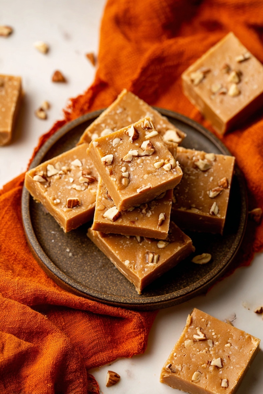 The image shows several square pieces of light brown fudge with a smooth texture, topped with small chopped nuts scattered evenly across the surface. These fudge squares are stacked in two layers on a round dark plate, which rests on a bright orange cloth. Around the plate, a few more fudge squares are placed individually on a white marbled surface, with some loose nut pieces scattered nearby. The fudge pieces each have a thin, firm look with visible nut bits giving a bit of rough texture on top. Photo taken with an iphone --ar 2:3 --v 7 - Pumpkin White Chocolate Fudge, Pumpkin White Chocolate Dessert, Fall Pumpkin Fudge, Easy Pumpkin Fudge Recipe, White Chocolate Pumpkin Treats