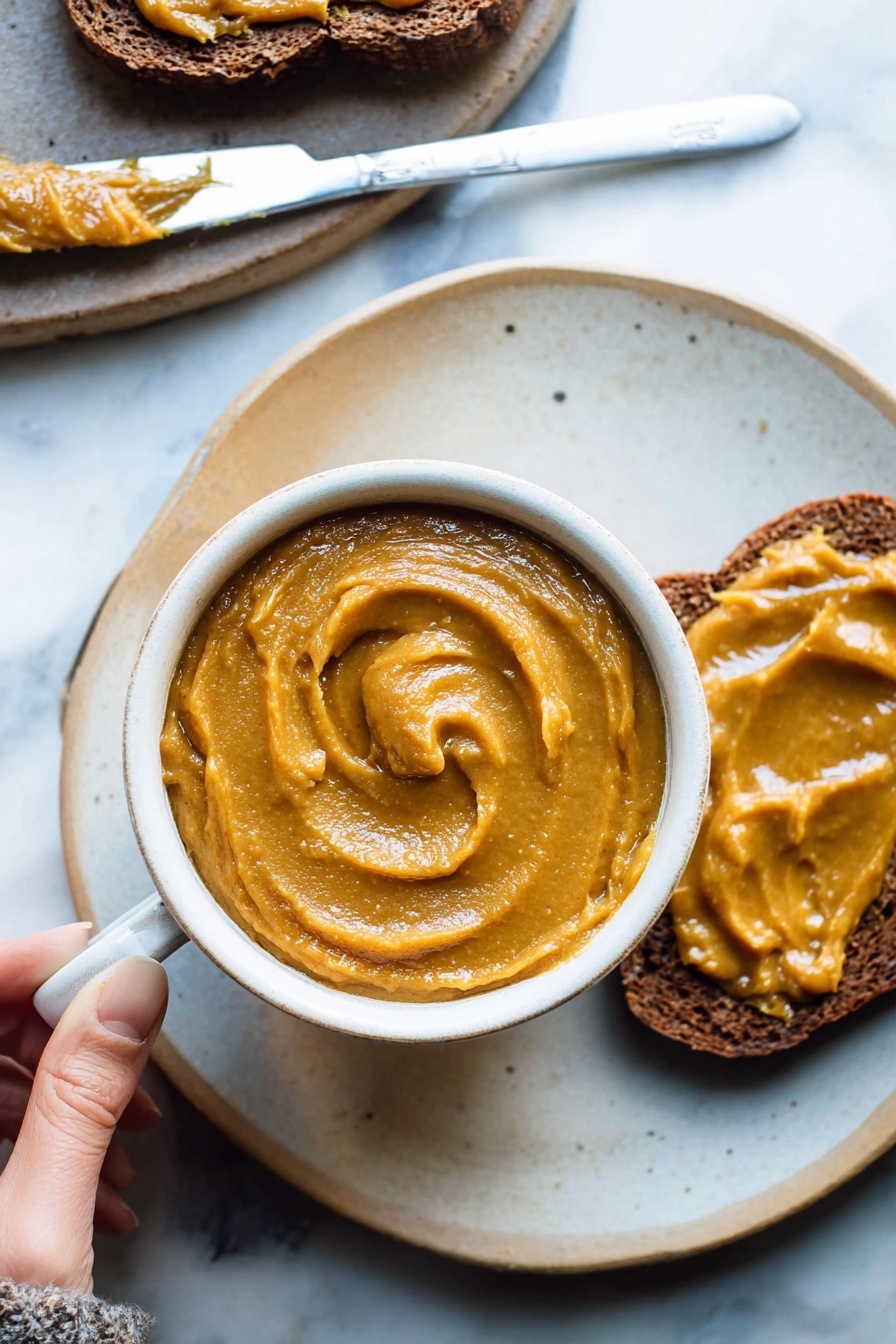 A close-up image shows a white cup filled with smooth, thick, golden-brown spread with a shiny surface. Inside the cup, the spread is swirled, creating a circular pattern in the middle. A knife with a worn, wooden handle is placed on the edge of the cup, its blade coated with the same spread. Next to the cup, there is a piece of toasted bread topped with more of the spread, showing some textured ridges. The dish is set on a white marbled surface with a soft gray cloth nearby. photo taken with an iphone --ar 2:3 --v 7 - Spiced Pumpkin Butter, pumpkin butter recipe, fall pumpkin spread, cozy pumpkin preserves, homemade pumpkin spread
